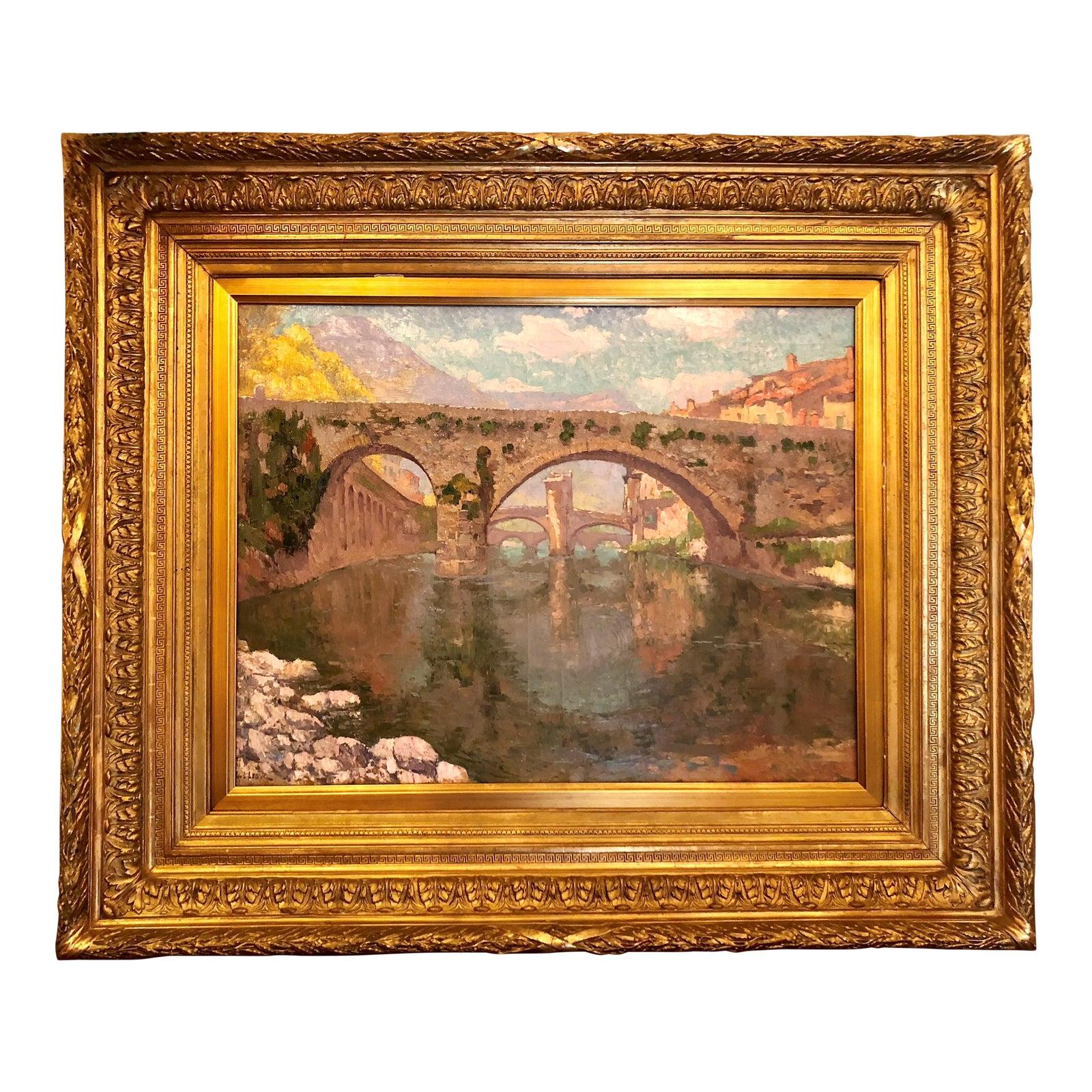 Peinture à l'huile belge, impressionniste Paul Leduc, « Le Pont Vieux », « Saint-Esprit, France » Bon état - En vente à New Orleans, LA