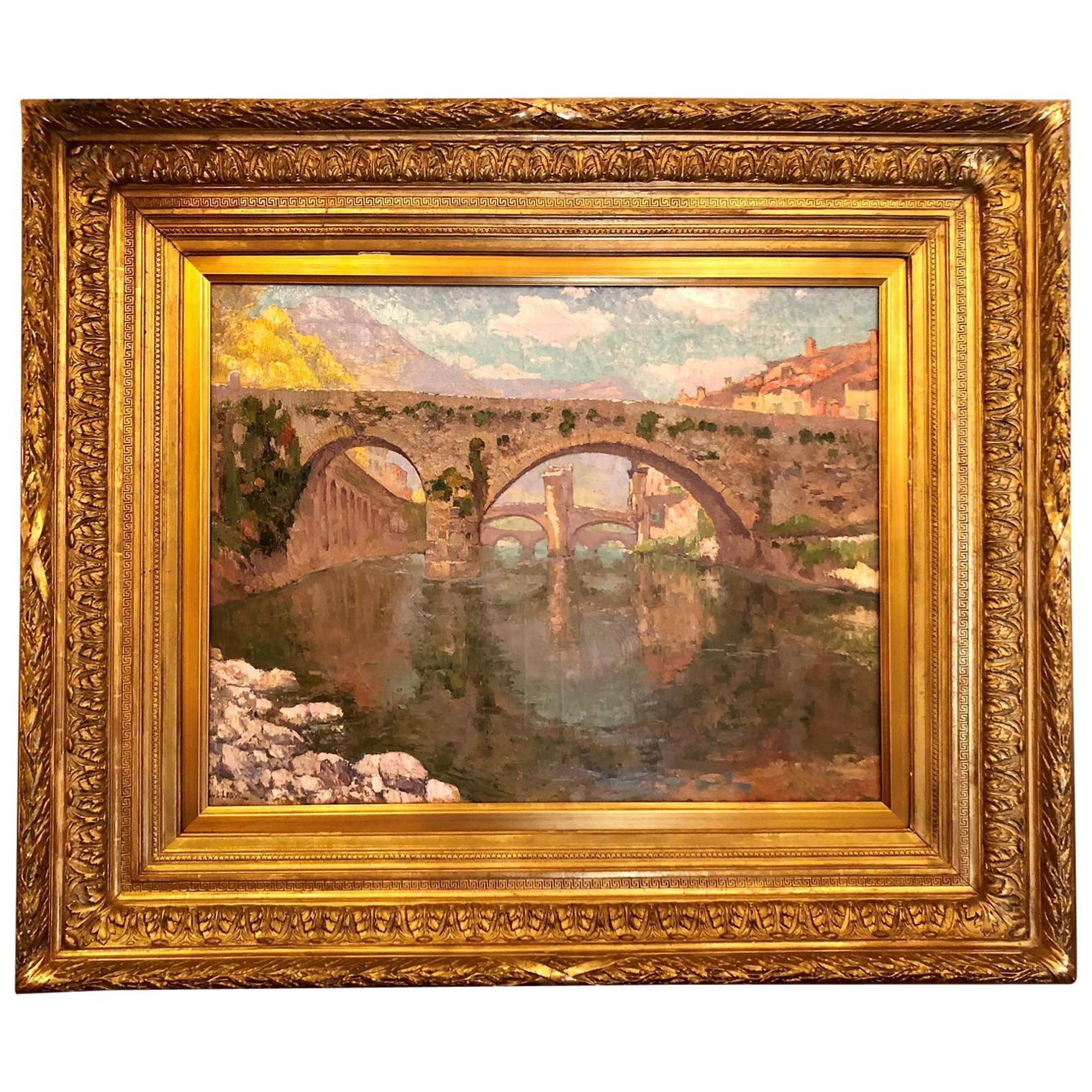 Peinture à l'huile belge, impressionniste Paul Leduc, « Le Pont Vieux », « Saint-Esprit, France »