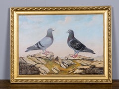 Belgian Oil Painting of Racing Pigeons with Competition Records, Signed Fraiture