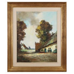 Belgian Painting of a farm scene with gilded wooden frame by Jos Pauwels, 1950s