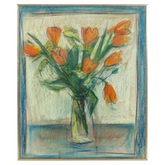 Vintage Belgian Pastel Still Life Flowers in Vase