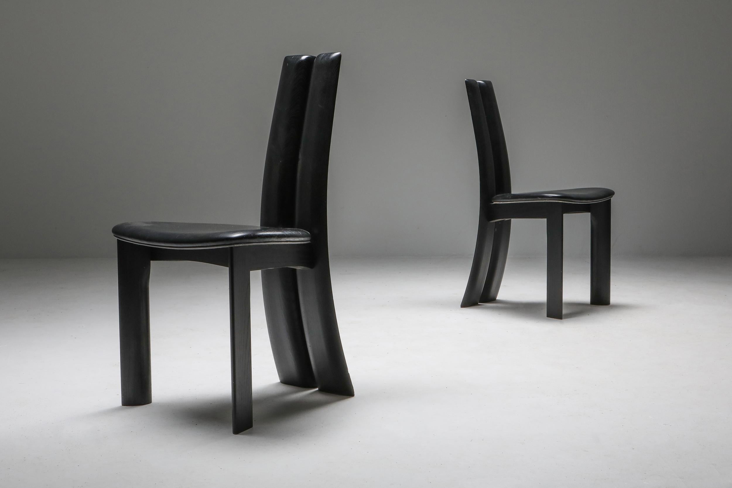 Leather Belgian Postmodern Ebonized Oak Chairs by Van den Berghe-Pauvers, 1980s