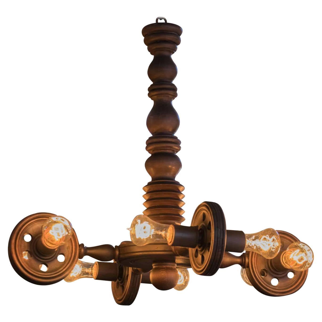 Belgian Quirky Wood Chandelier, Circa 1930 with Industrial feel For Sale