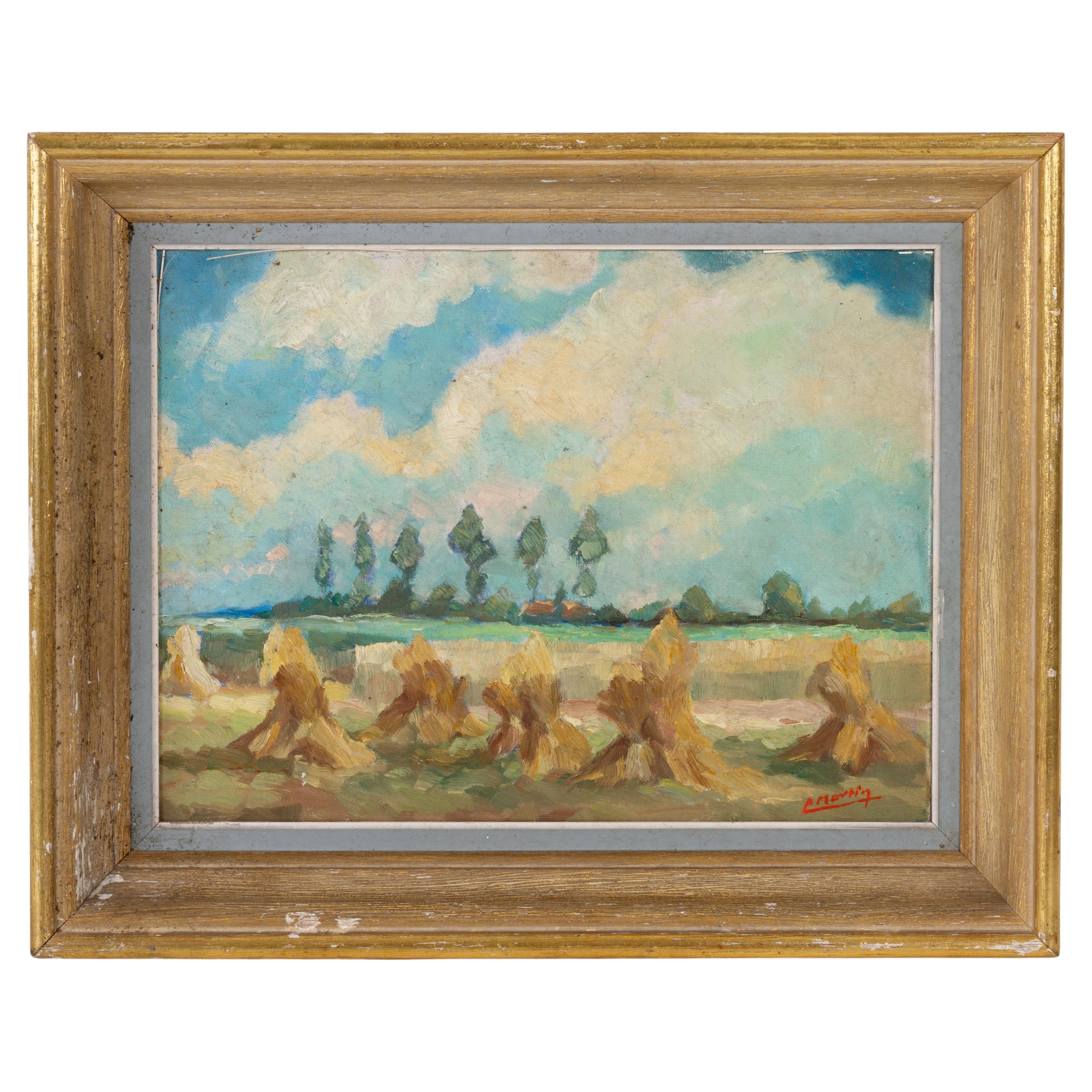Belgian School Haystacks Landscape Oil Painting Early 20th Century 