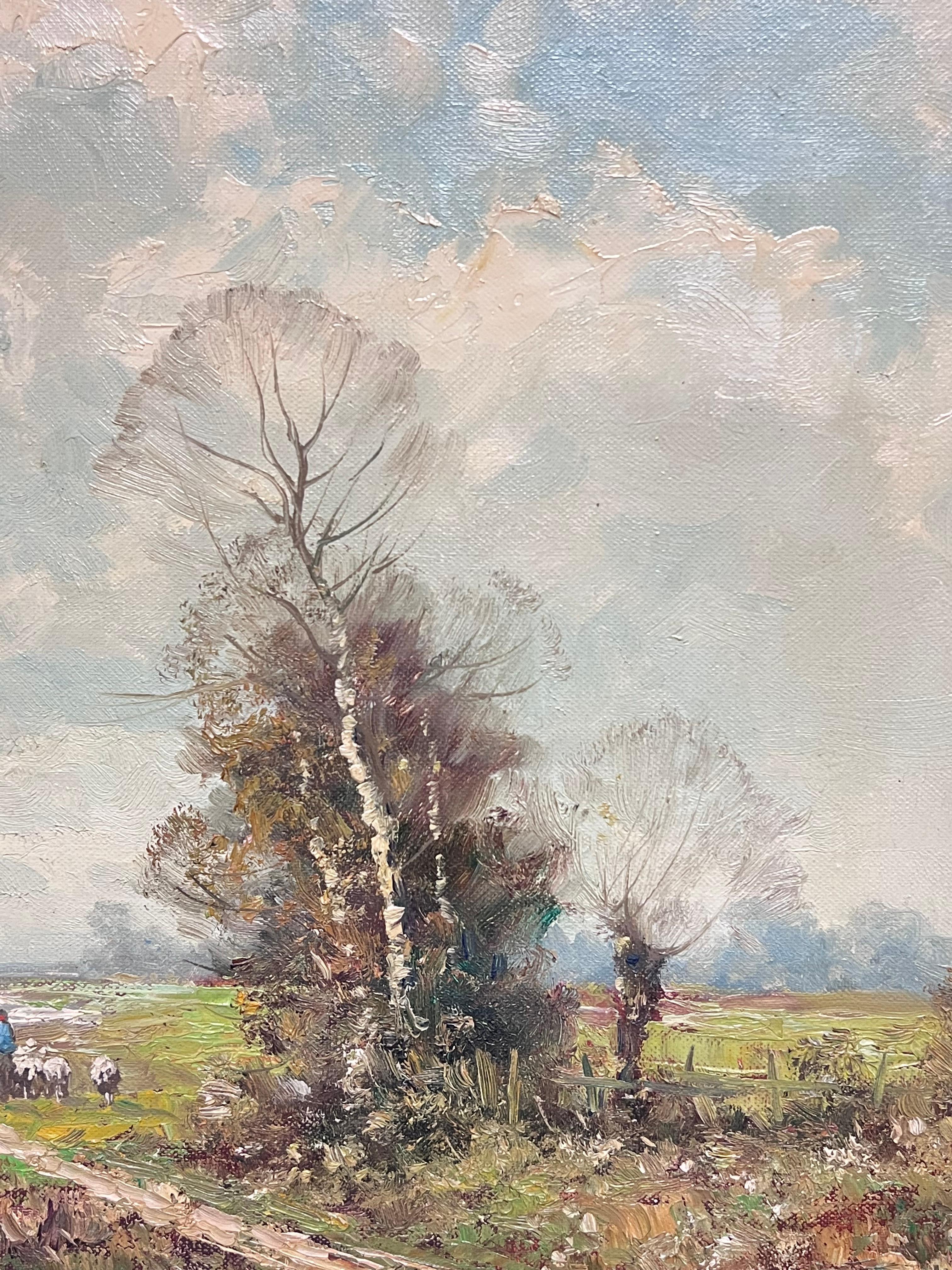 Shepherd Herding Sheep by the River's Edge Landscape Framed Oil Painting 1950's For Sale 7