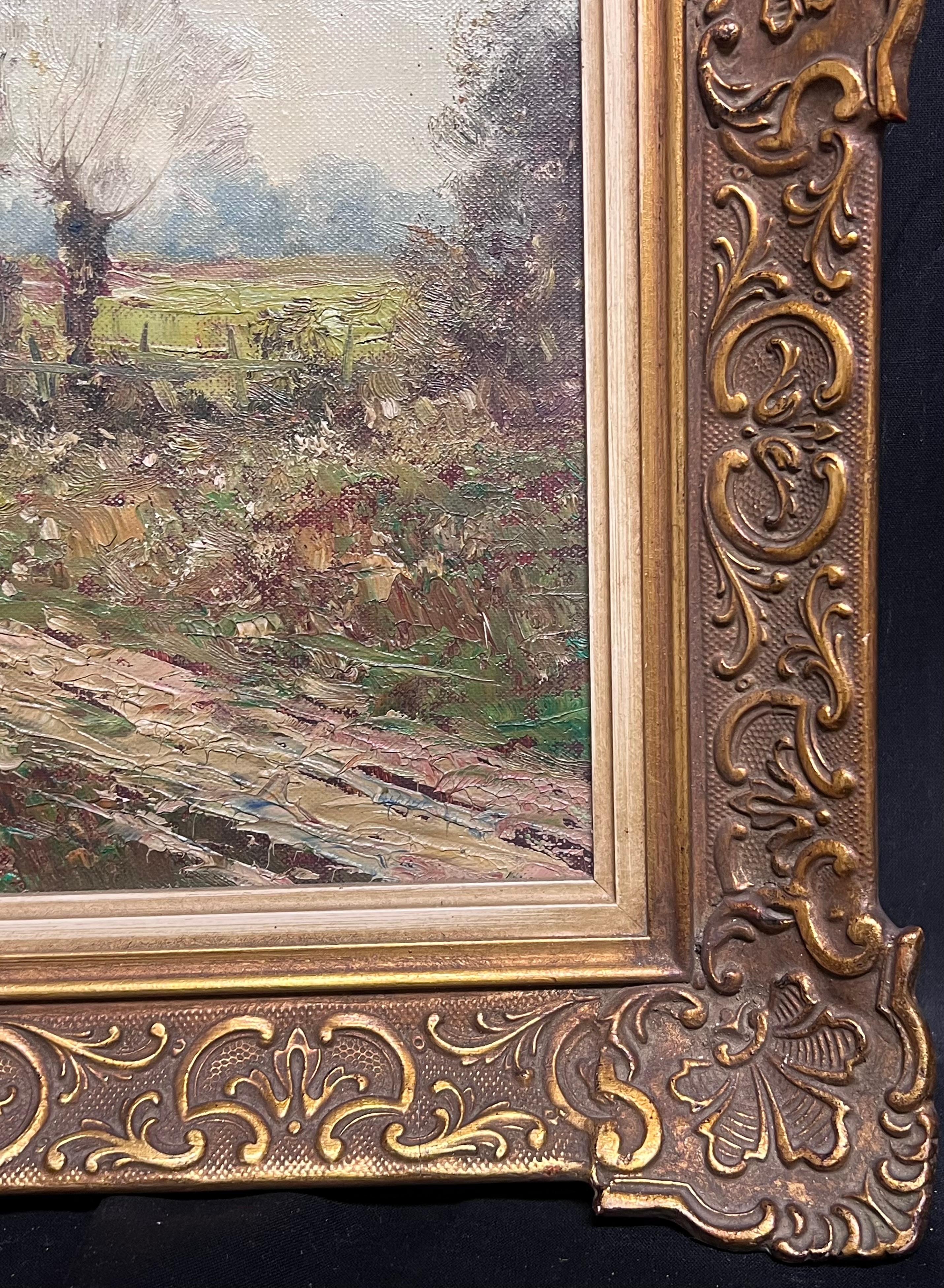 Shepherd Herding Sheep by the River's Edge Landscape Framed Oil Painting 1950's For Sale 8