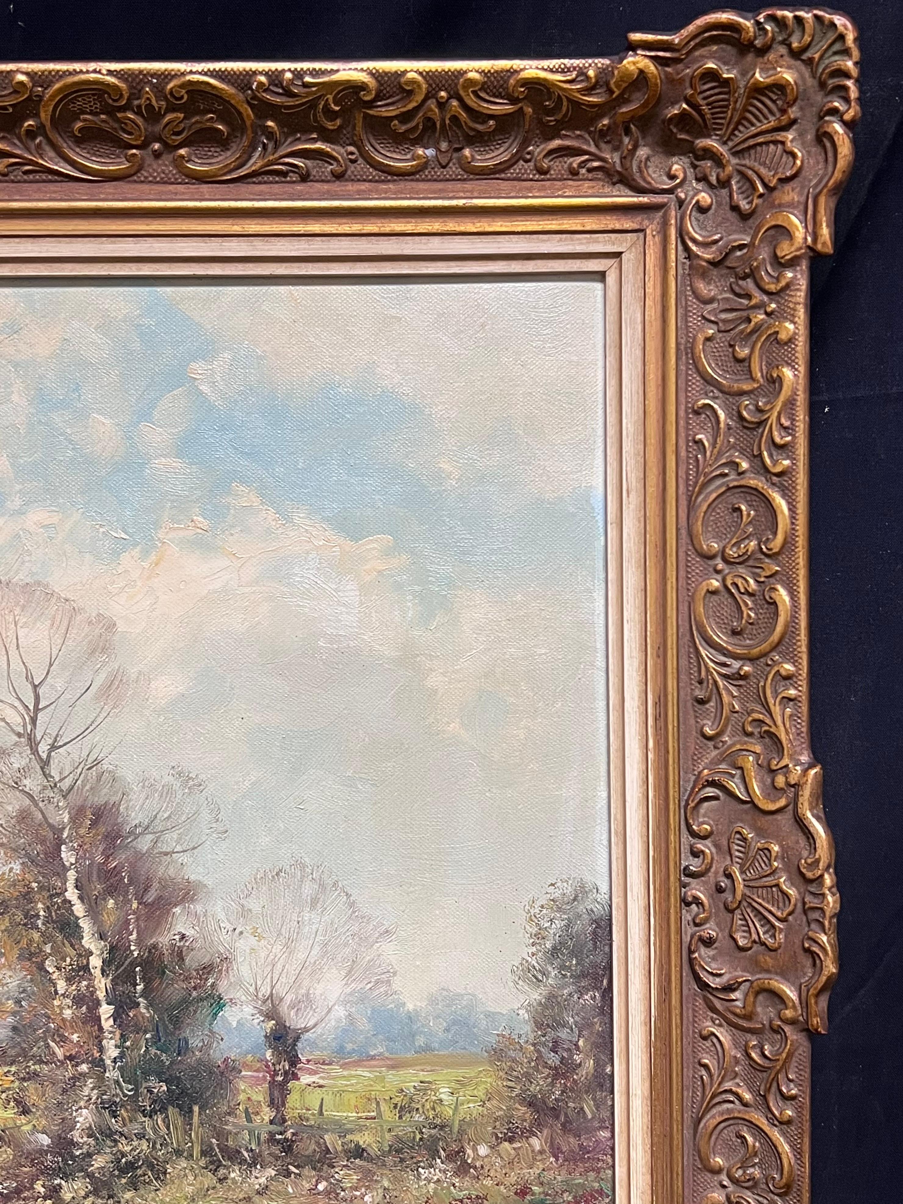 Shepherd Herding Sheep by the River's Edge Landscape Framed Oil Painting 1950's For Sale 9