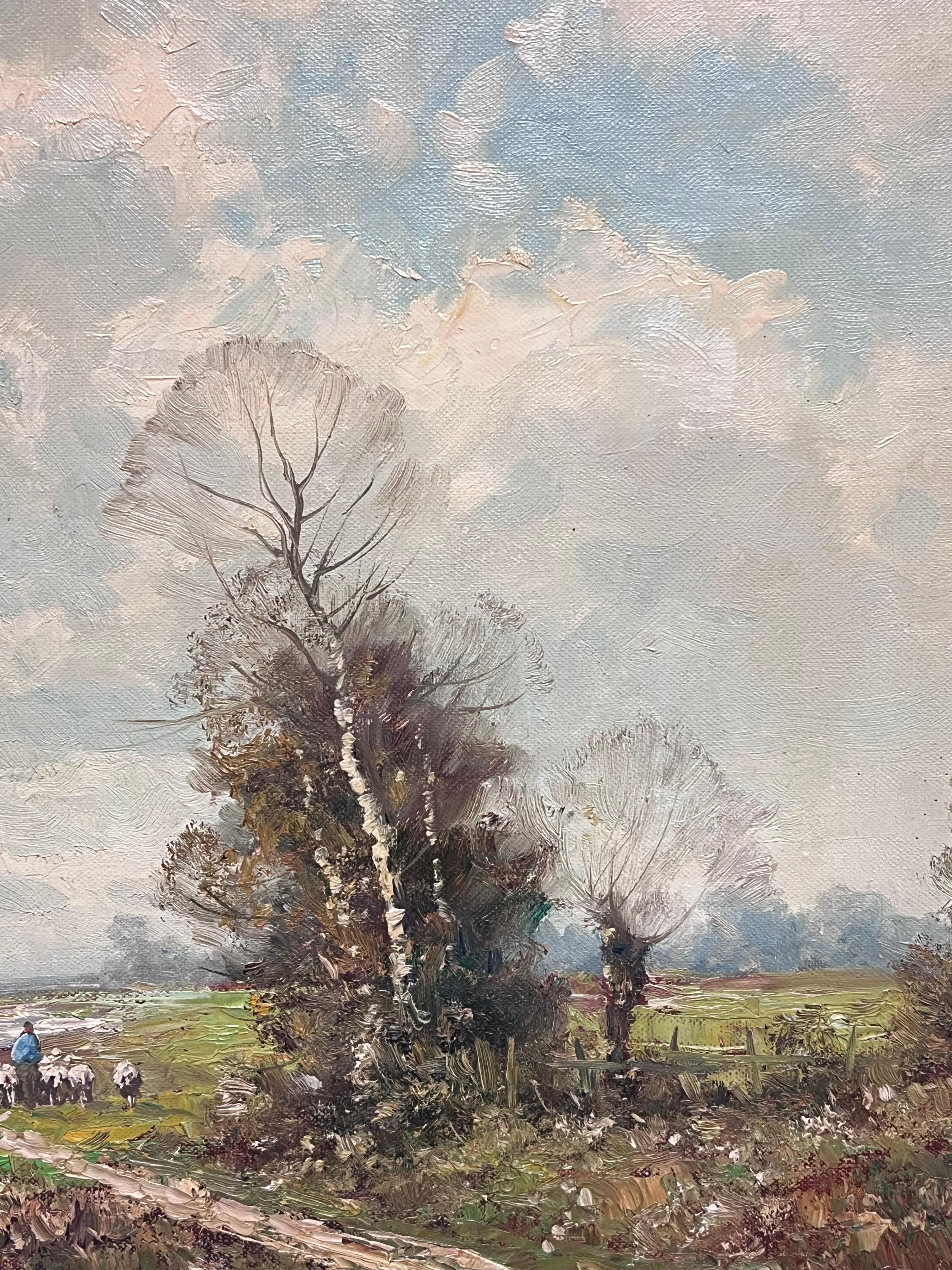 Shepherd Herding Sheep by the River's Edge Landscape Framed Oil Painting 1950's For Sale 1