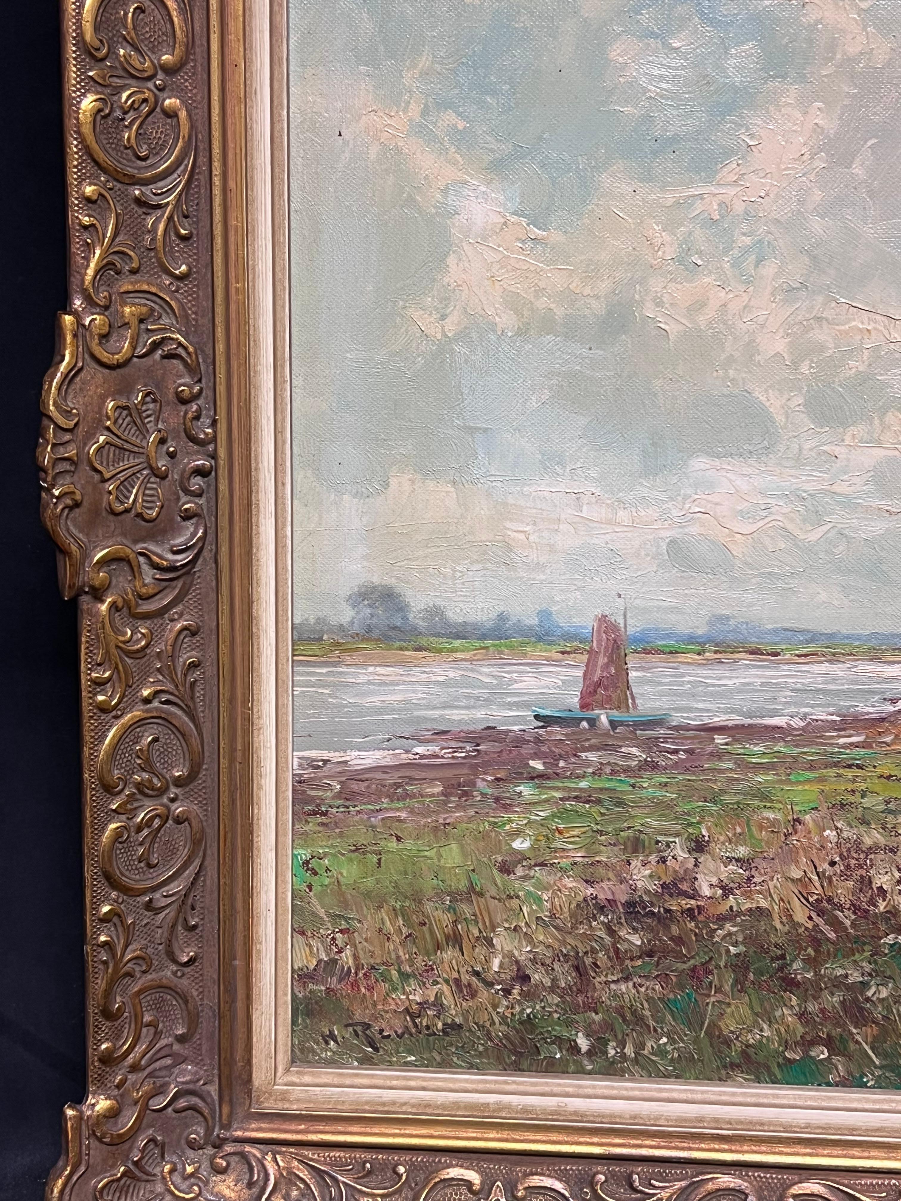 Shepherd Herding Sheep by the River's Edge Landscape Framed Oil Painting 1950's For Sale 3