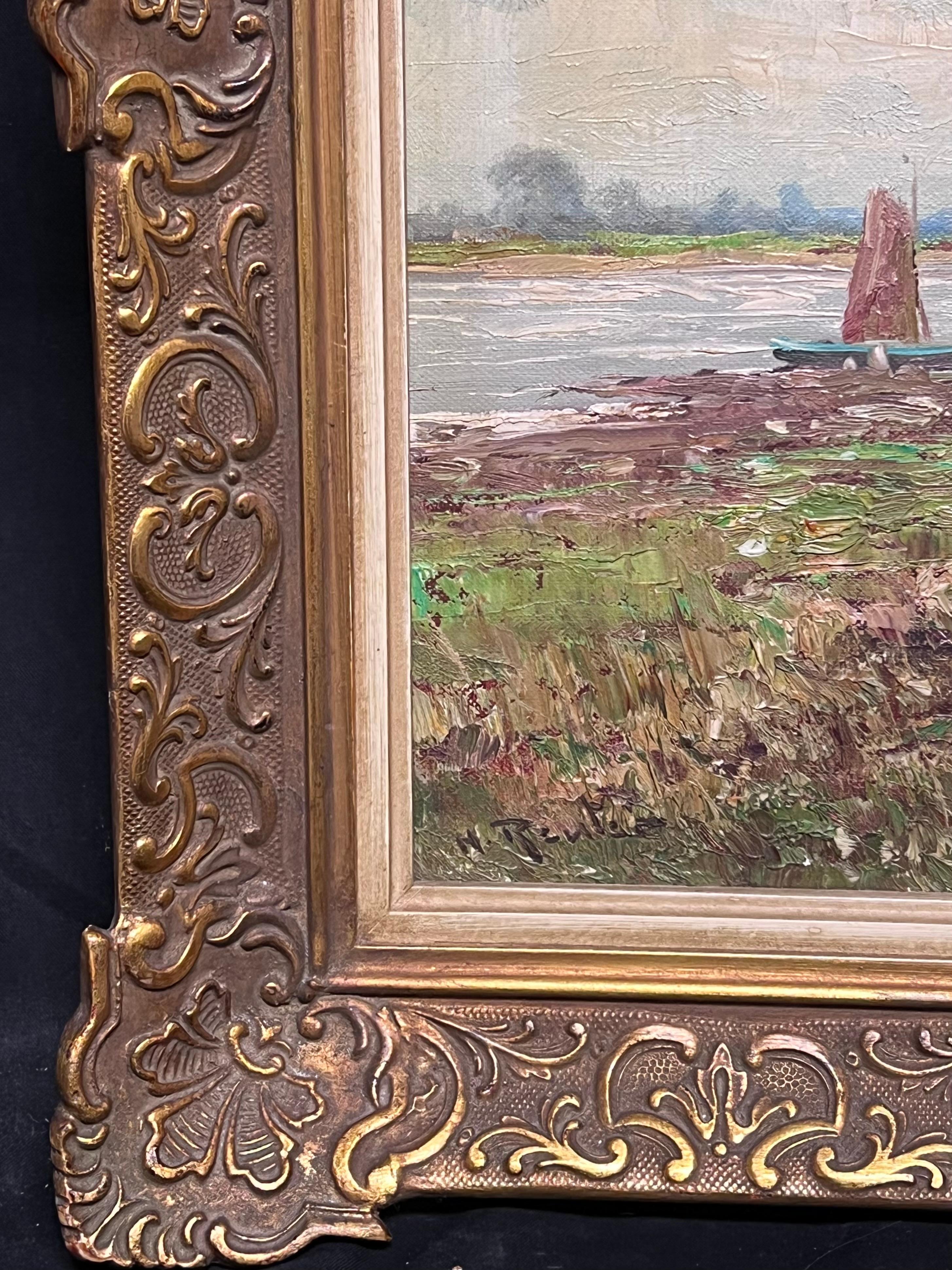 Shepherd Herding Sheep by the River's Edge Landscape Framed Oil Painting 1950's For Sale 4