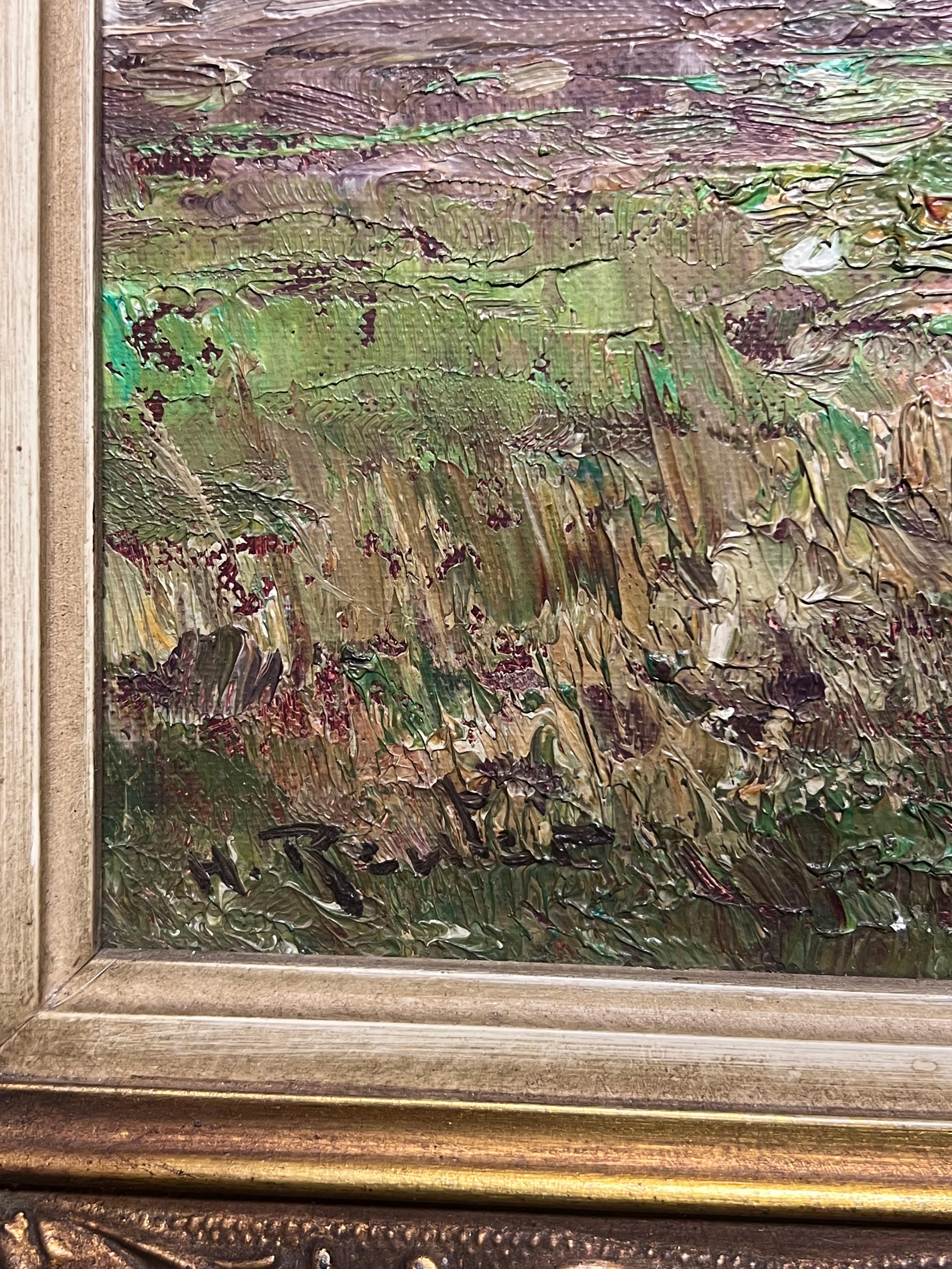 Shepherd Herding Sheep by the River's Edge Landscape Framed Oil Painting 1950's For Sale 5