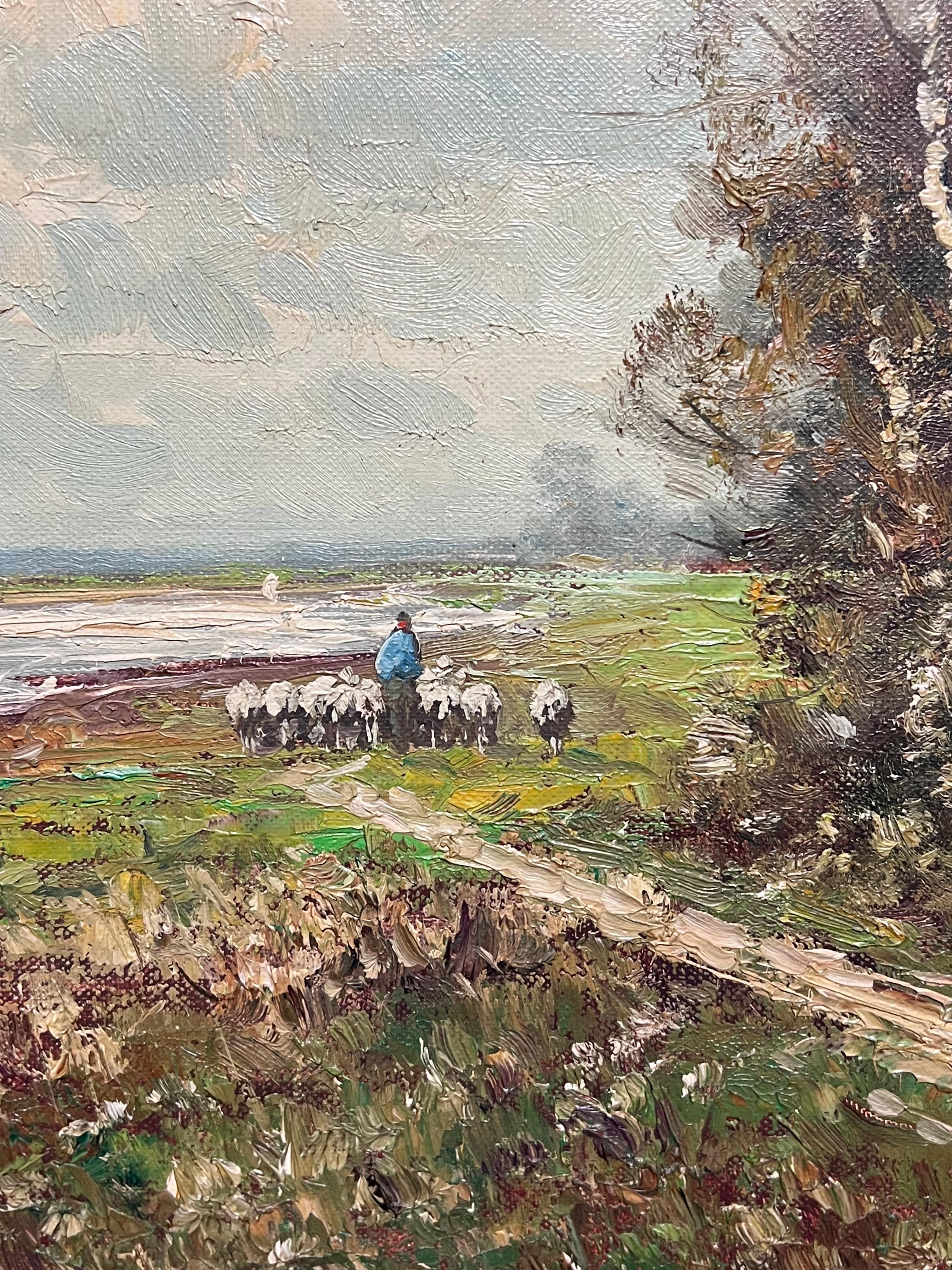 Shepherd Herding Sheep by the River's Edge Landscape Framed Oil Painting 1950's For Sale 6