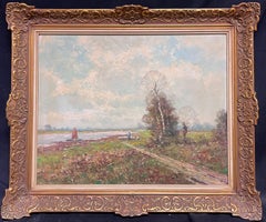 Shepherd Herding Sheep by the River's Edge Landscape Framed Oil Painting 1950's