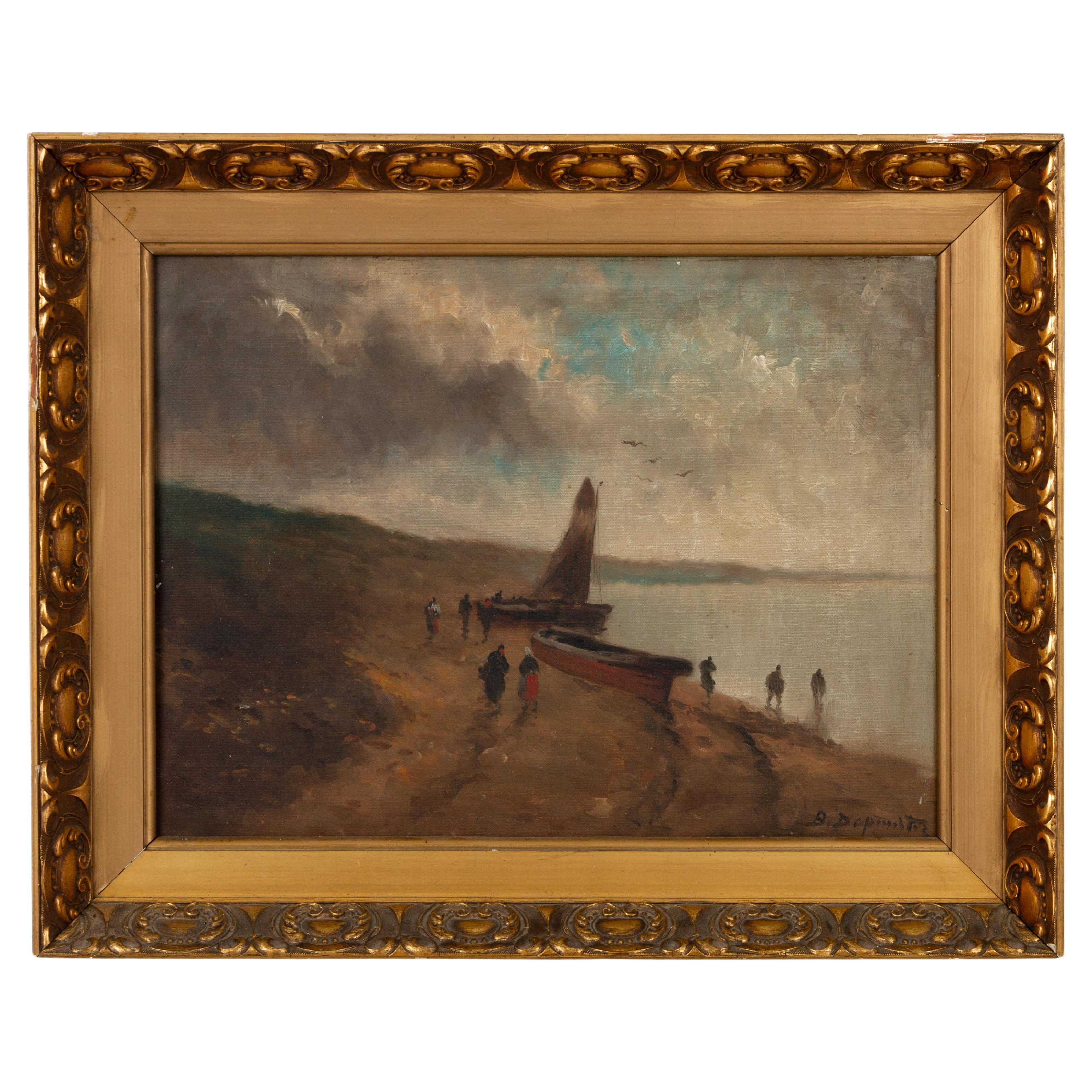 Belgian School Signed Oil Painting Figures by the Sea Early 20th Century 
