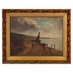 Antique Belgian School Signed Oil Painting Figures by the Sea Early 20th Century 