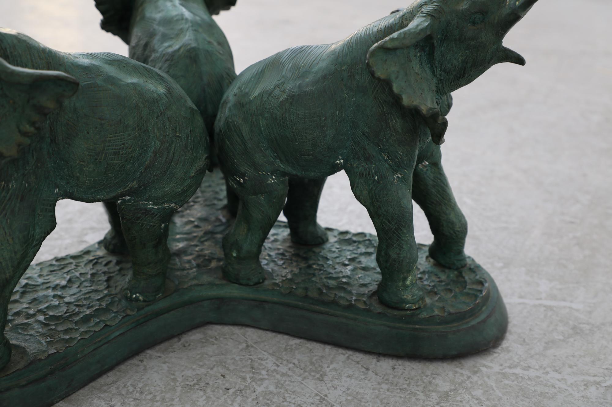 Belgian Sculptural Bronze and Glass Salon Table w/ Trio of Elephants Base, 1970s For Sale 4