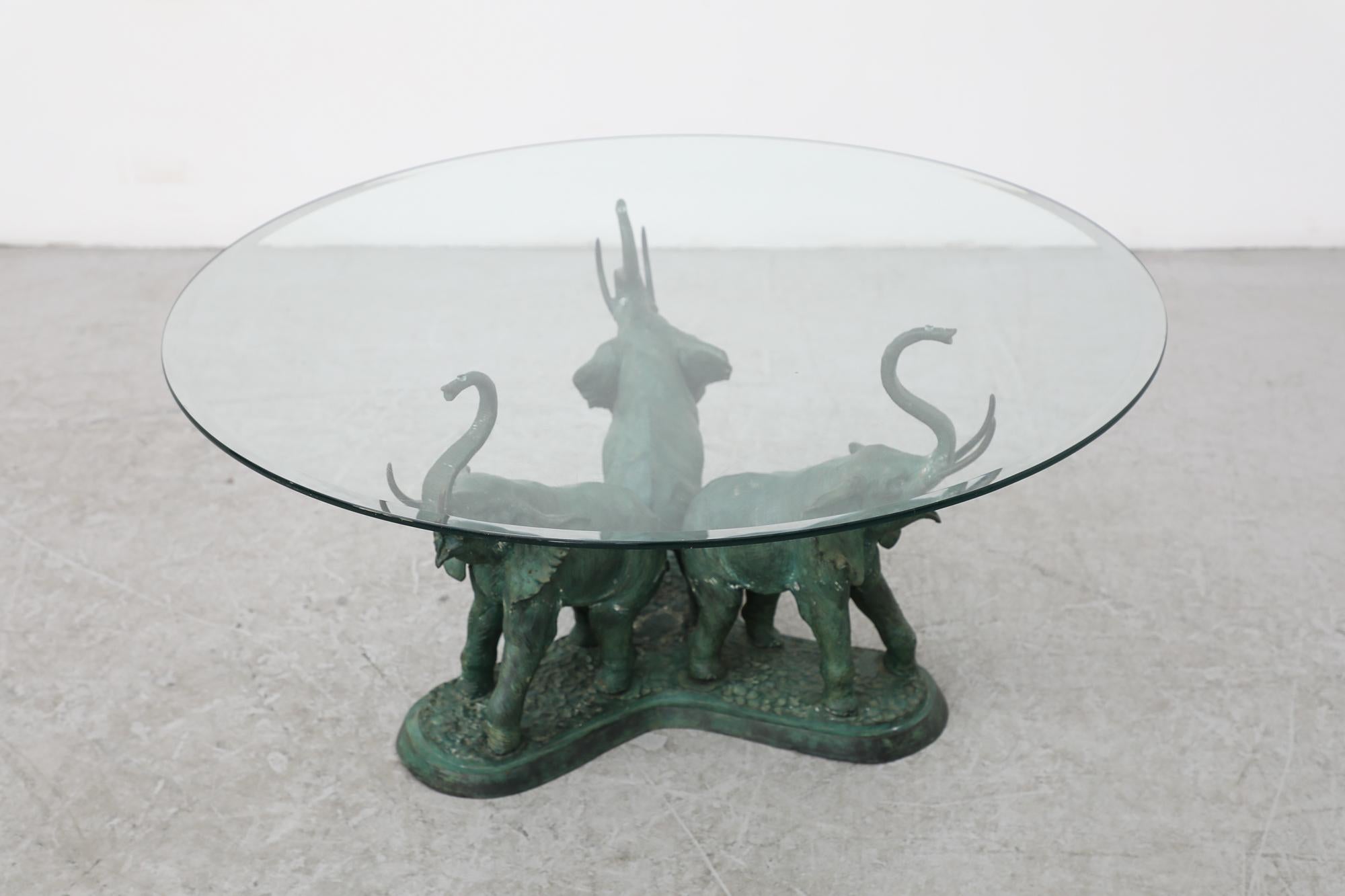 Mid-Century Modern Belgian Sculptural Bronze and Glass Salon Table w/ Trio of Elephants Base, 1970s For Sale