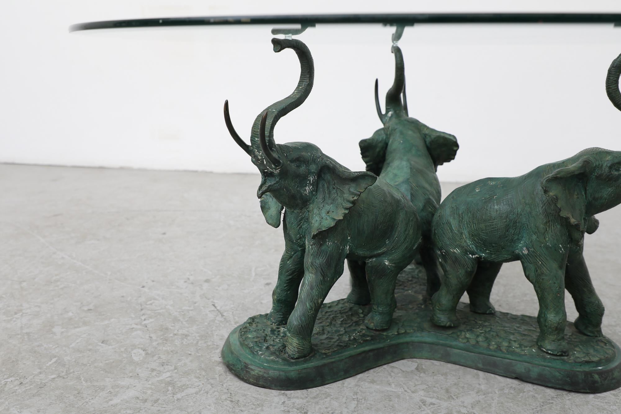 Belgian Sculptural Bronze and Glass Salon Table w/ Trio of Elephants Base, 1970s In Good Condition For Sale In Los Angeles, CA