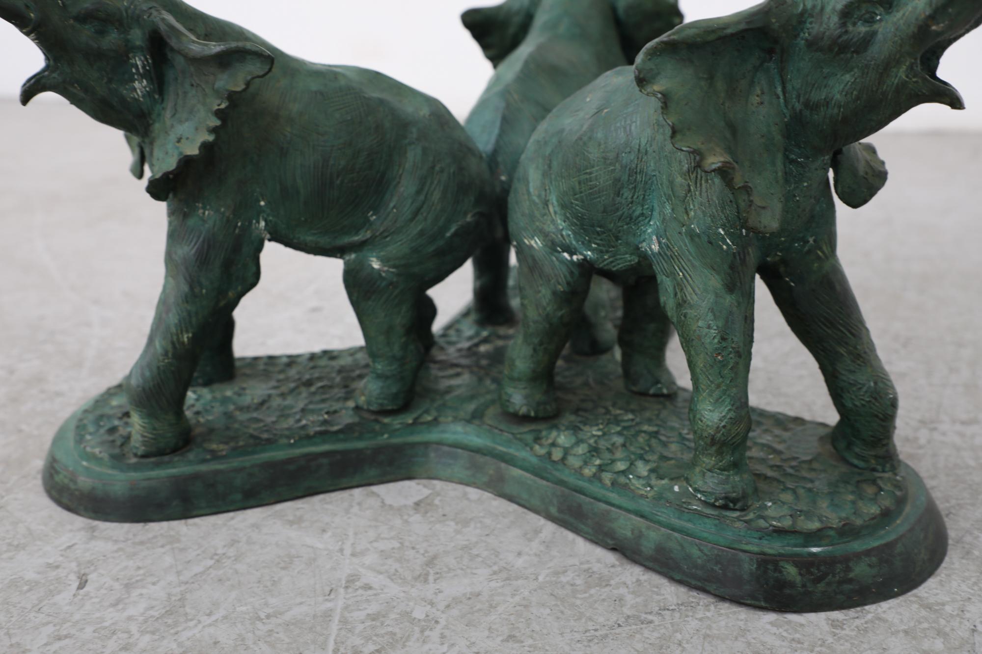 Belgian Sculptural Bronze and Glass Salon Table w/ Trio of Elephants Base, 1970s For Sale 1