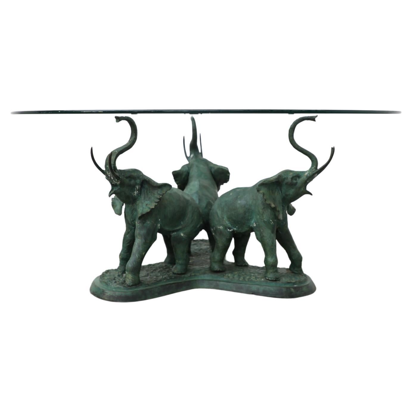 Belgian Sculptural Bronze and Glass Salon Table w/ Trio of Elephants Base, 1970s For Sale