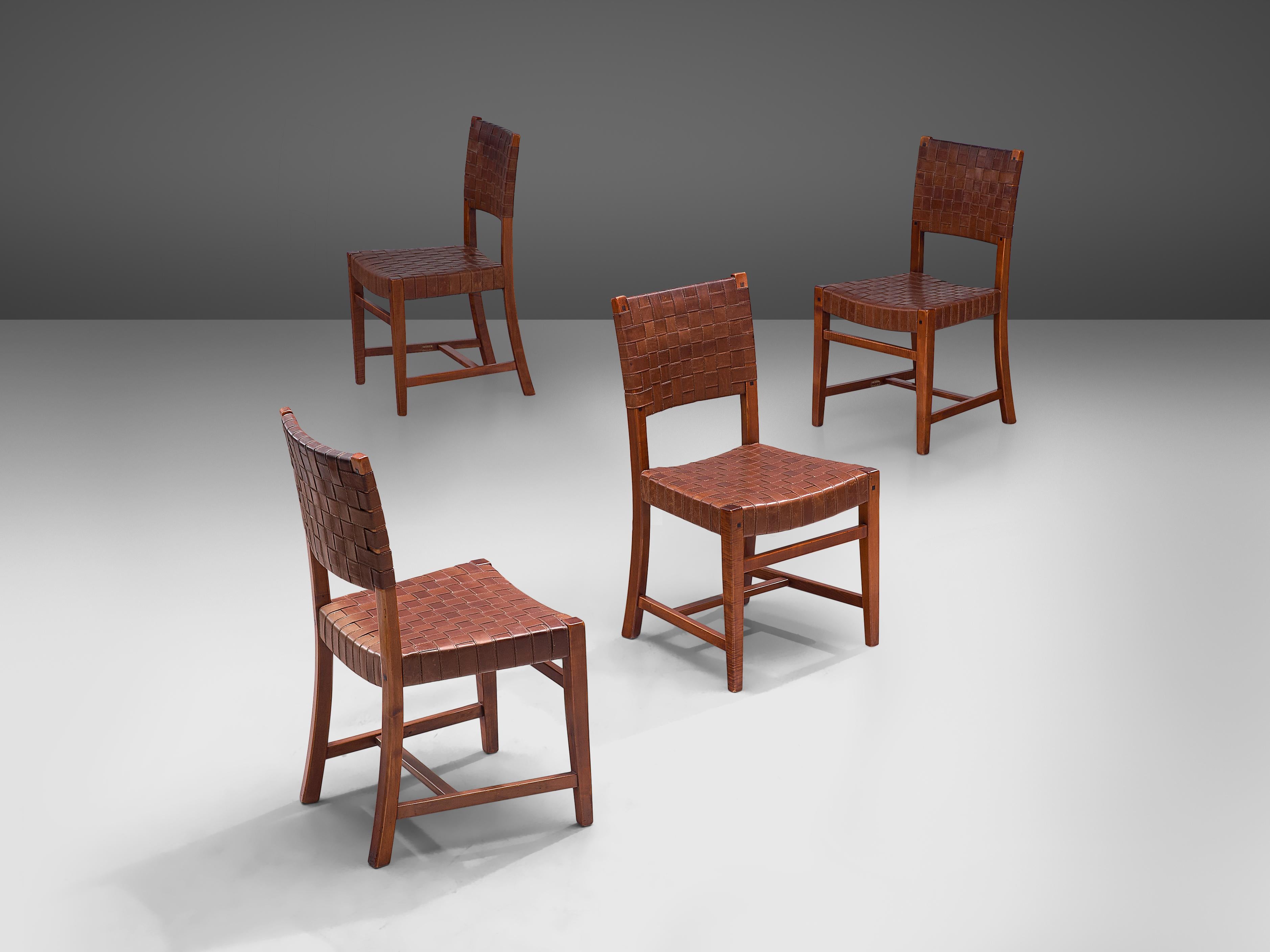 Mid-Century Modern Belgian Set of Four Dining Chairs in Leather and Oak