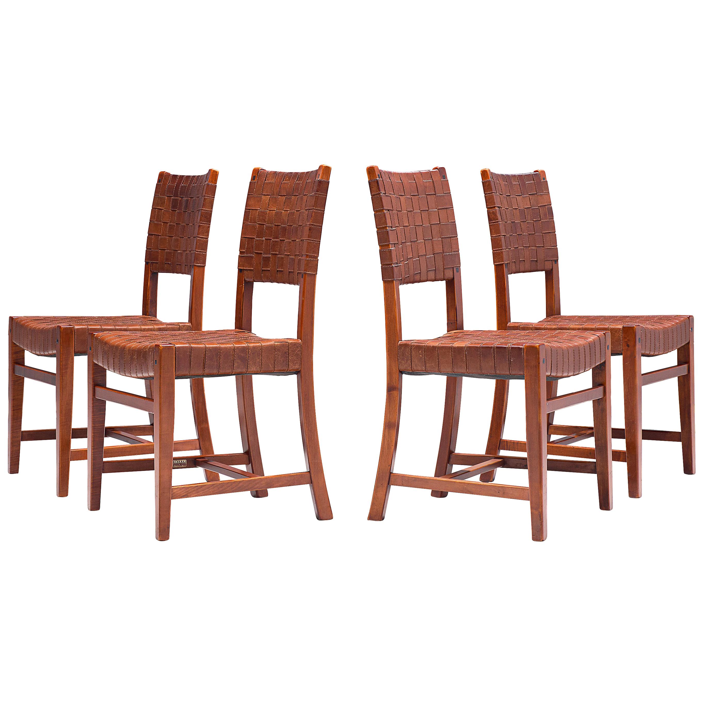 Belgian Set of Four Dining Chairs in Leather and Oak