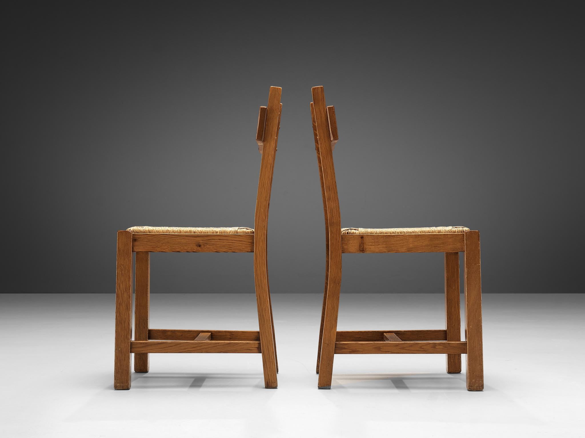 Mid-Century Modern Belgian Set of Four Dining Chairs in Oak and Straw 