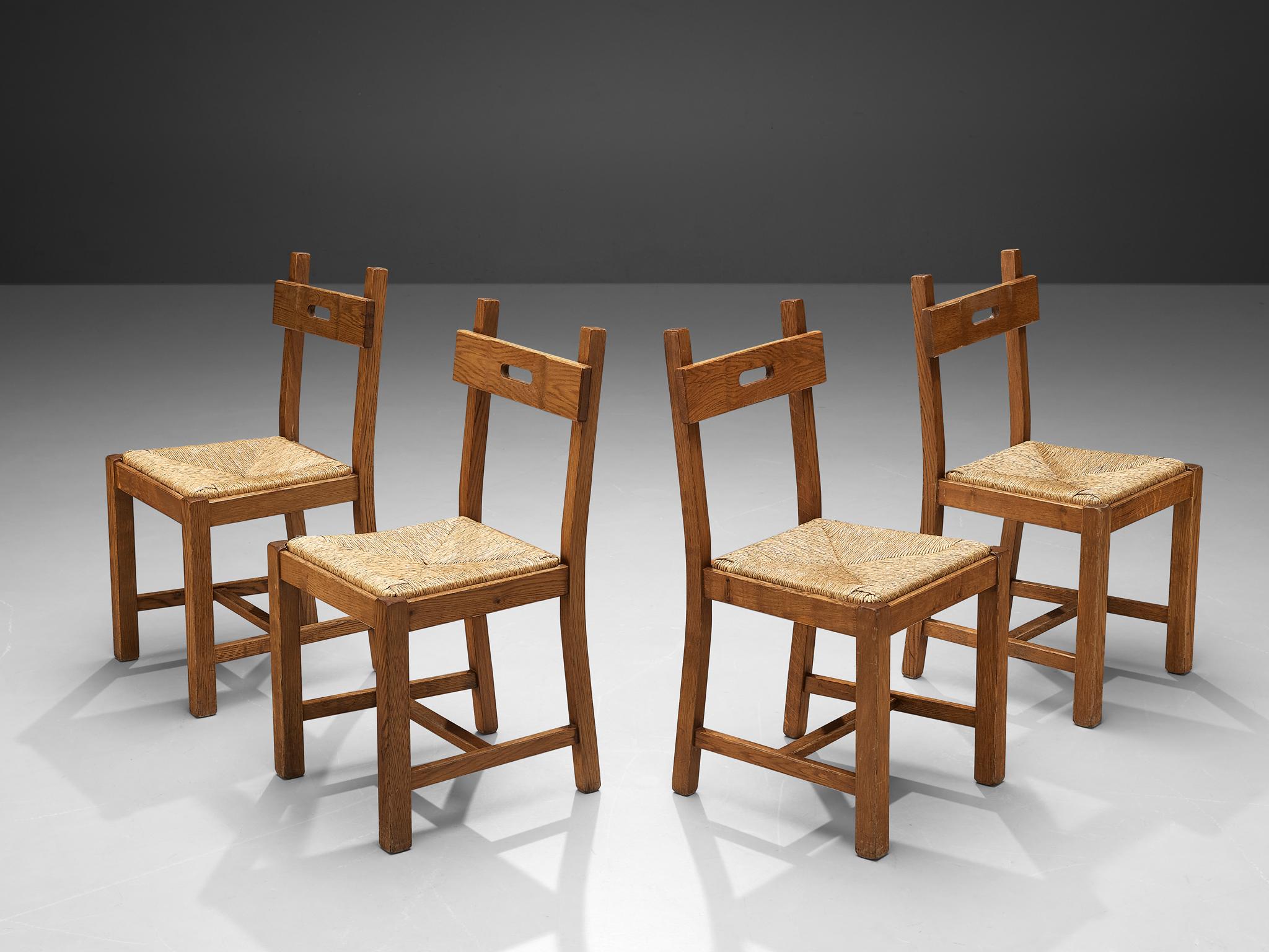 Belgian Set of Four Dining Chairs in Oak and Straw  1
