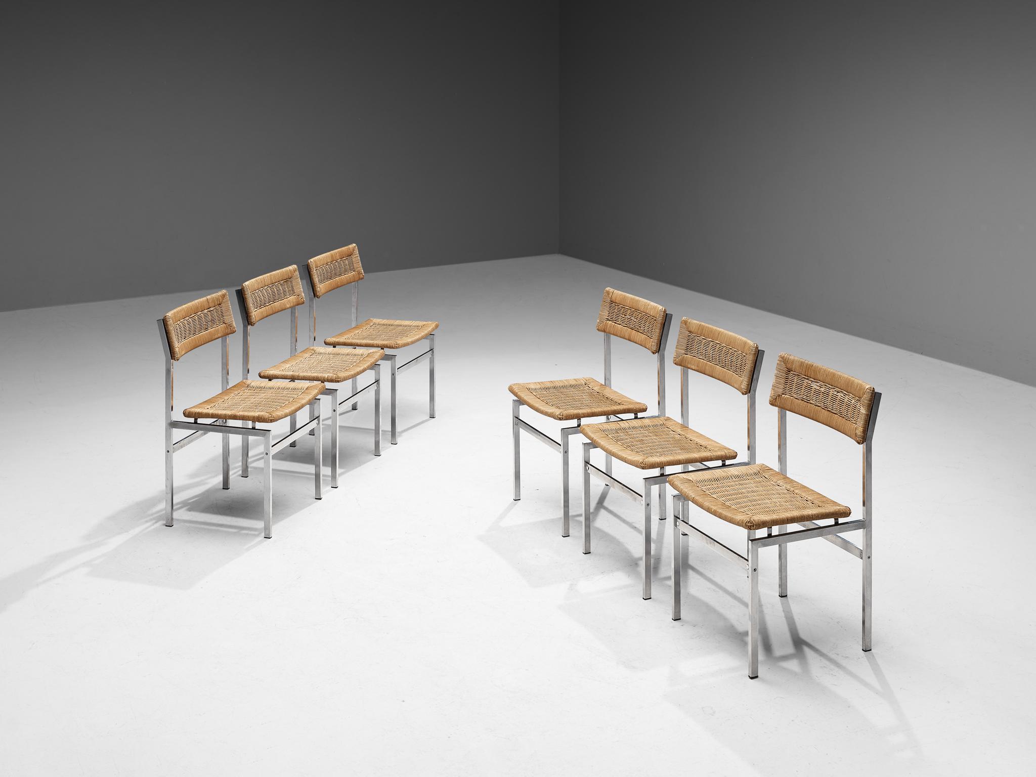 Set of six dining chairs, cane wicker, chromed metal, Belgium, 1960s

This set of chairs is characterized by a splendid construction featuring simple shapes and solid materials. The construction of the frame is based on straight lines and