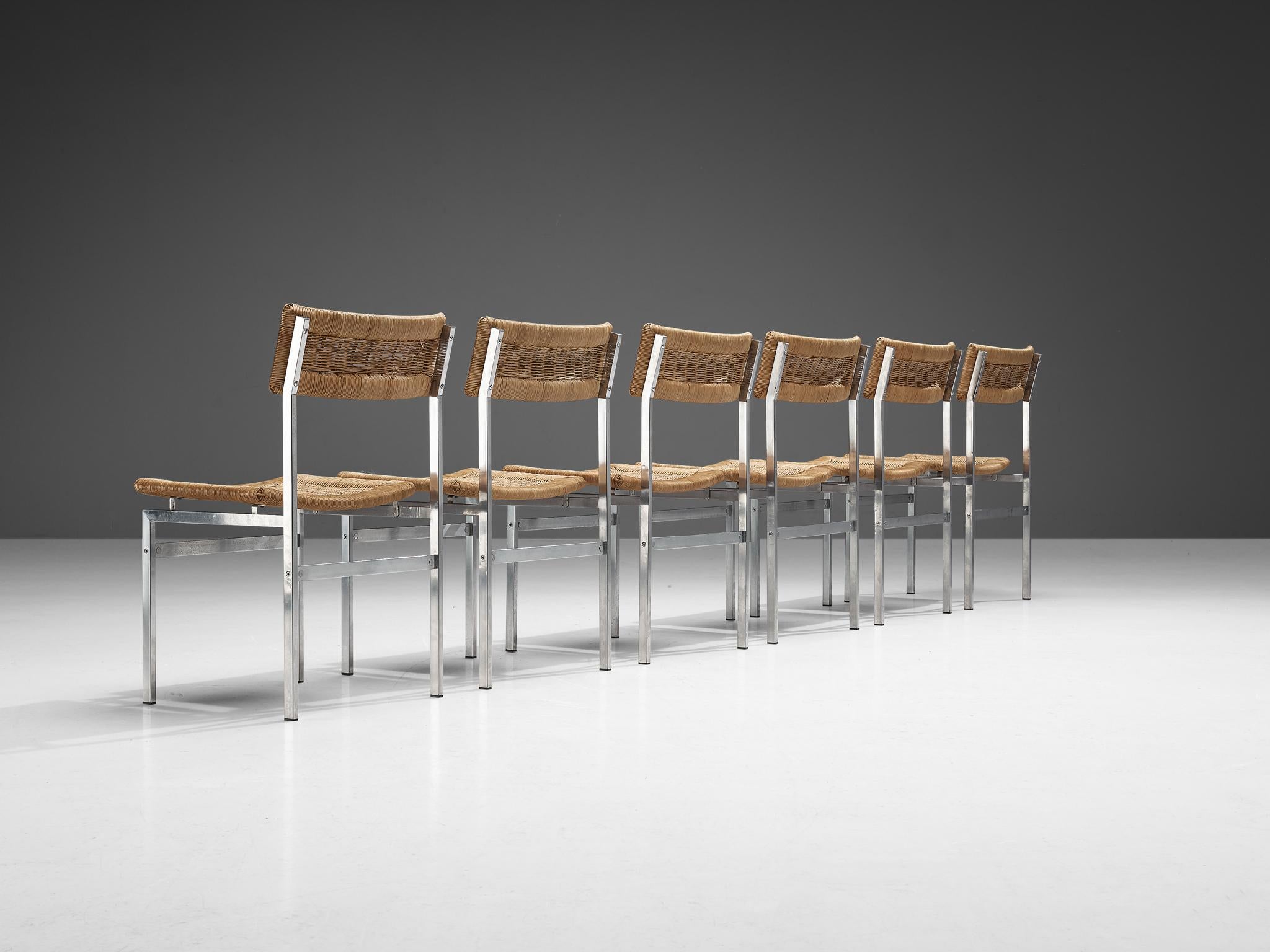 Mid-20th Century Belgian Set of Six Dining Chairs in Cane and Chromed Metal