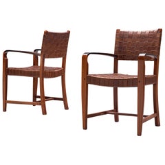 Belgian Pair of Armchairs Chairs in Leather and Oak