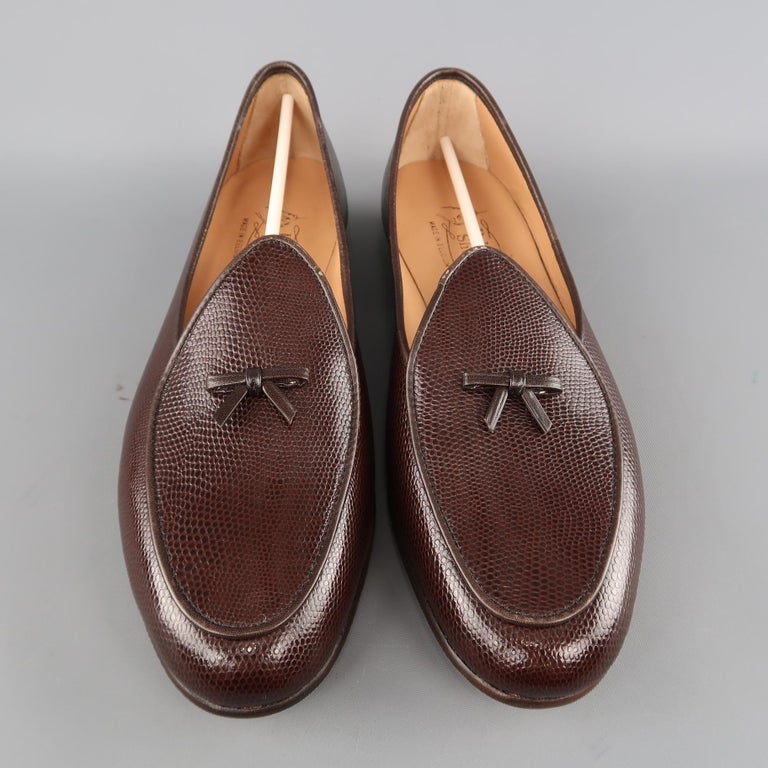 BELGIAN SHOES Size 9.5 Brown Embossed Lizard Bow Loafers