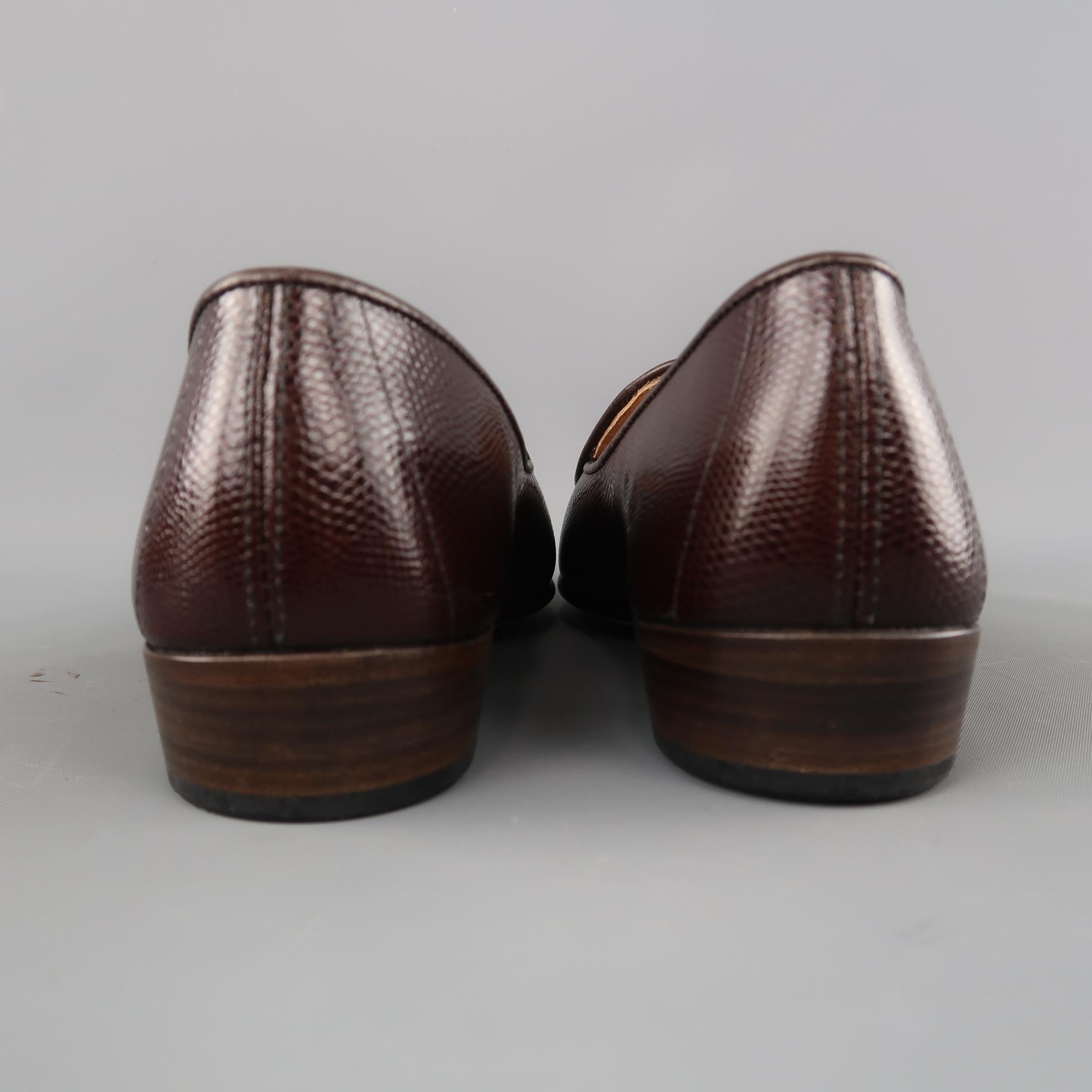 BELGIAN SHOES Size 9.5 Brown Embossed Lizard Bow Loafers In New Condition In San Francisco, CA