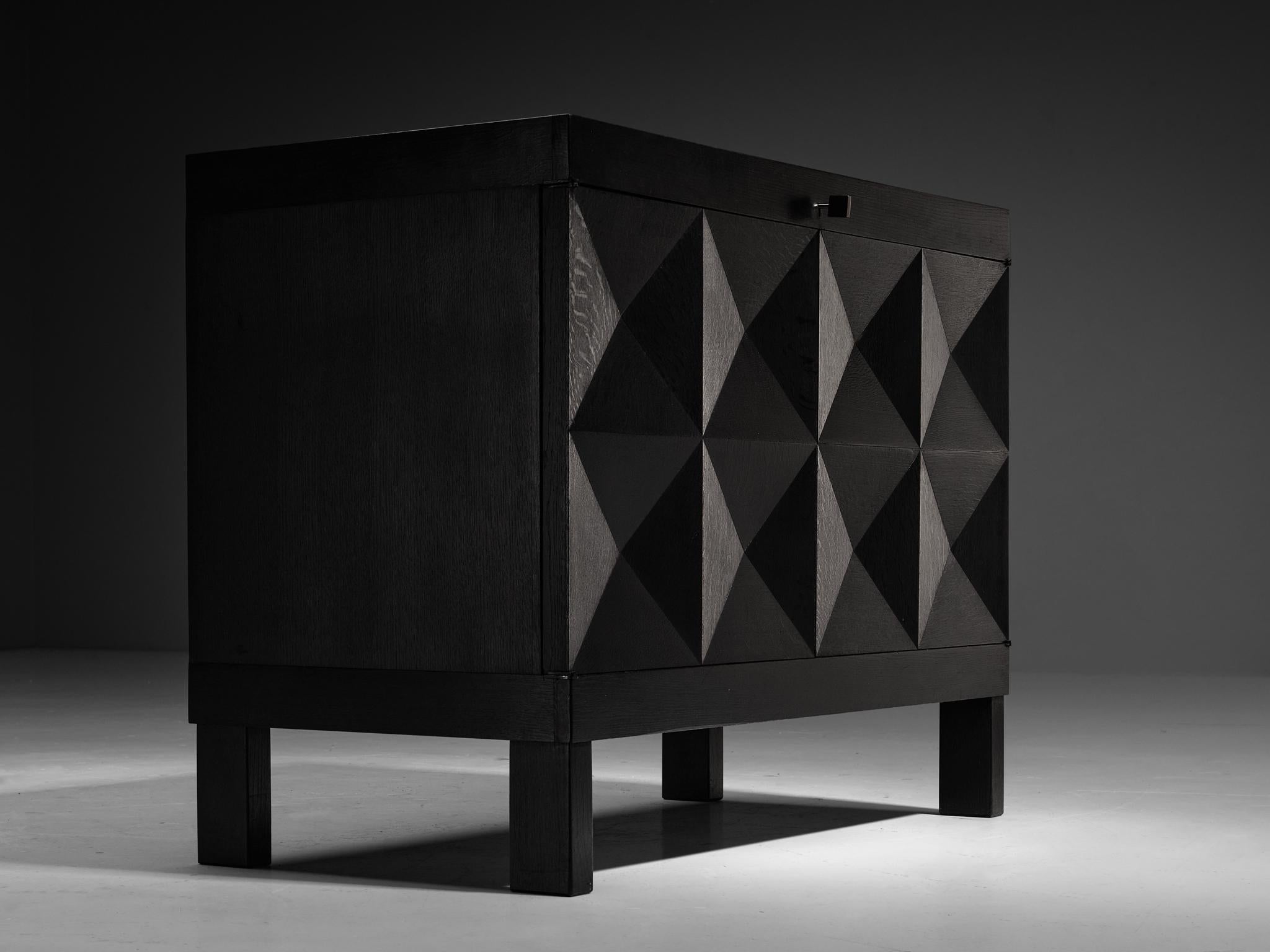 Brutalist Belgian Sideboard in Black Lacquered Oak with Graphical Doors For Sale