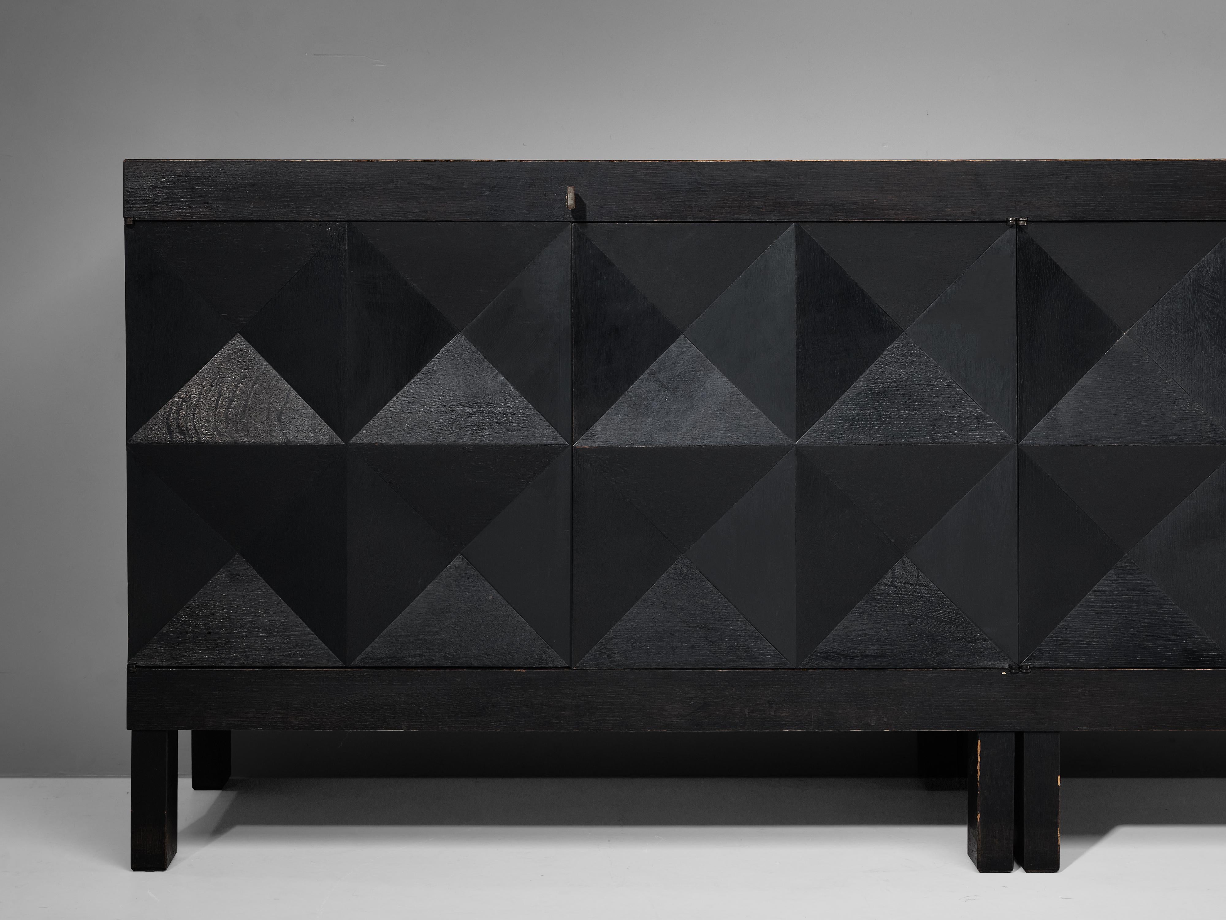 20th Century Belgian Sideboard in Black Stained Oak with Graphical Doors