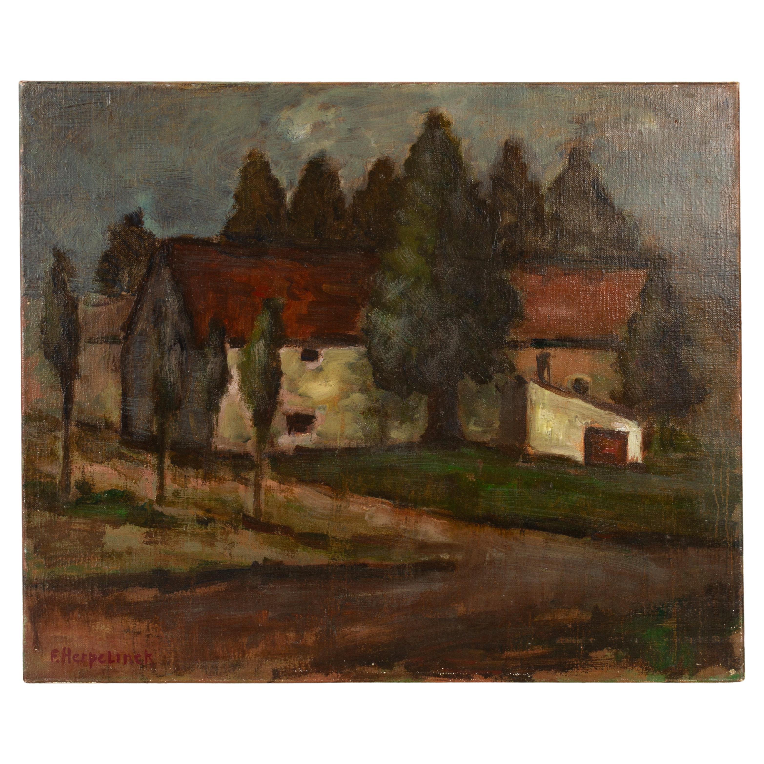 Pintura al óleo belga firmada Paisaje de granja Principios del siglo XX