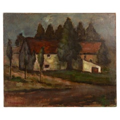 Belgian Signed Farmhouse Landscape Oil Painting Early 20th Century