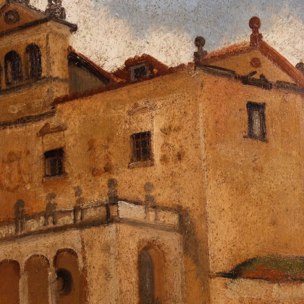 Belgian Signed Painting Oil on Board Landscape with Architectures 20th Century In Good Condition In Vicoforte, Piedmont