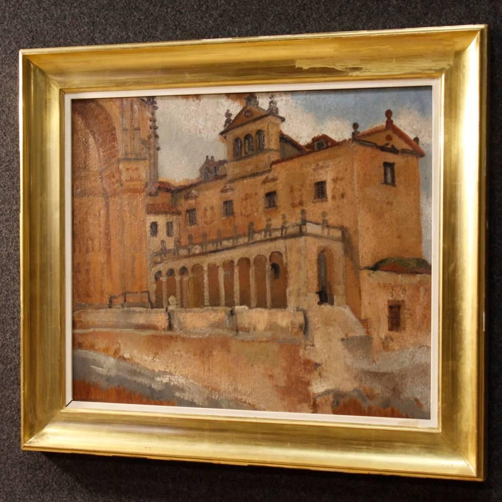 Belgian Signed Painting Oil on Board Landscape with Architectures 20th Century 1