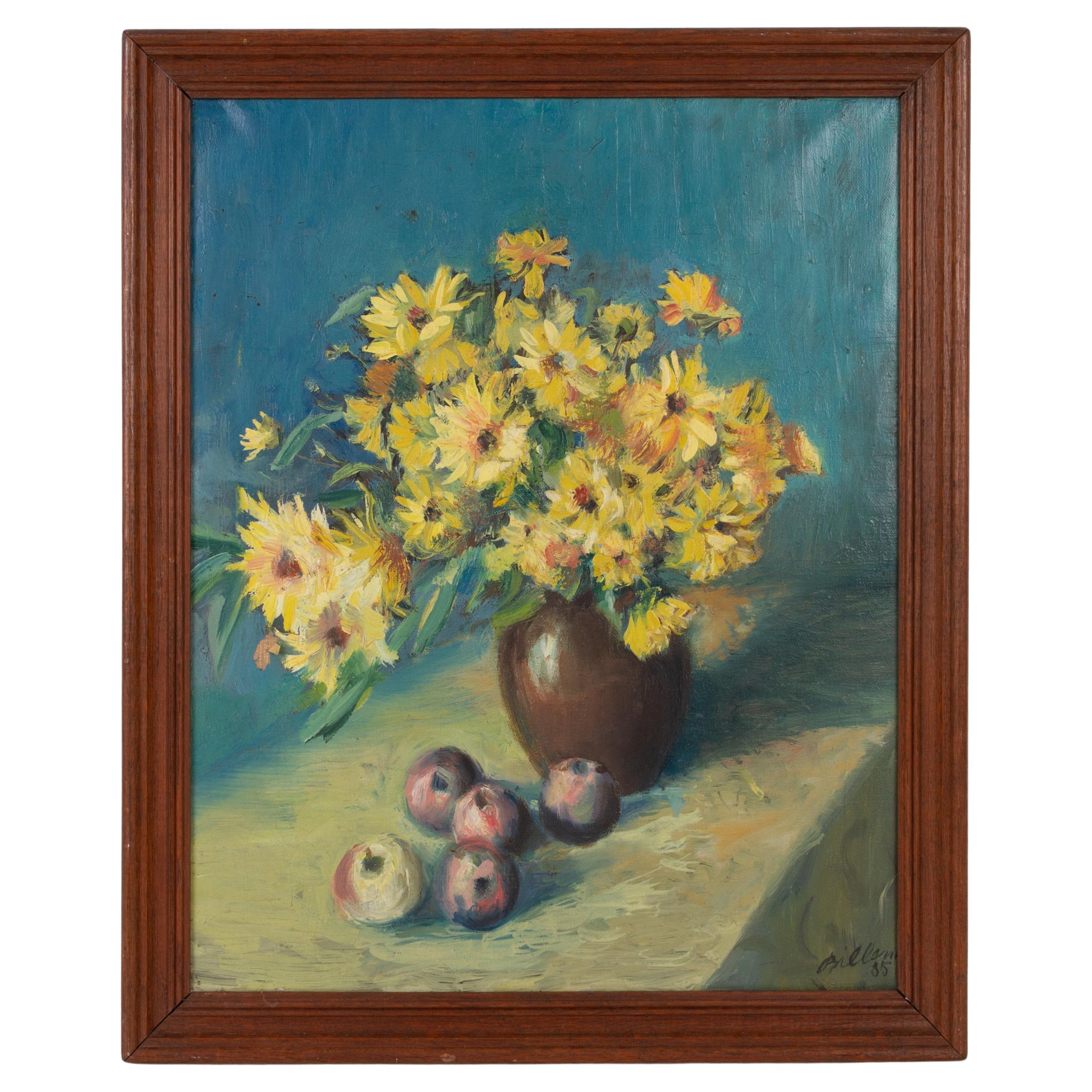 Belgian Signed Still Life Flowers and Fruits Oil Painting For Sale