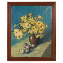 Vintage Belgian Signed Still Life Flowers and Fruits Oil Painting