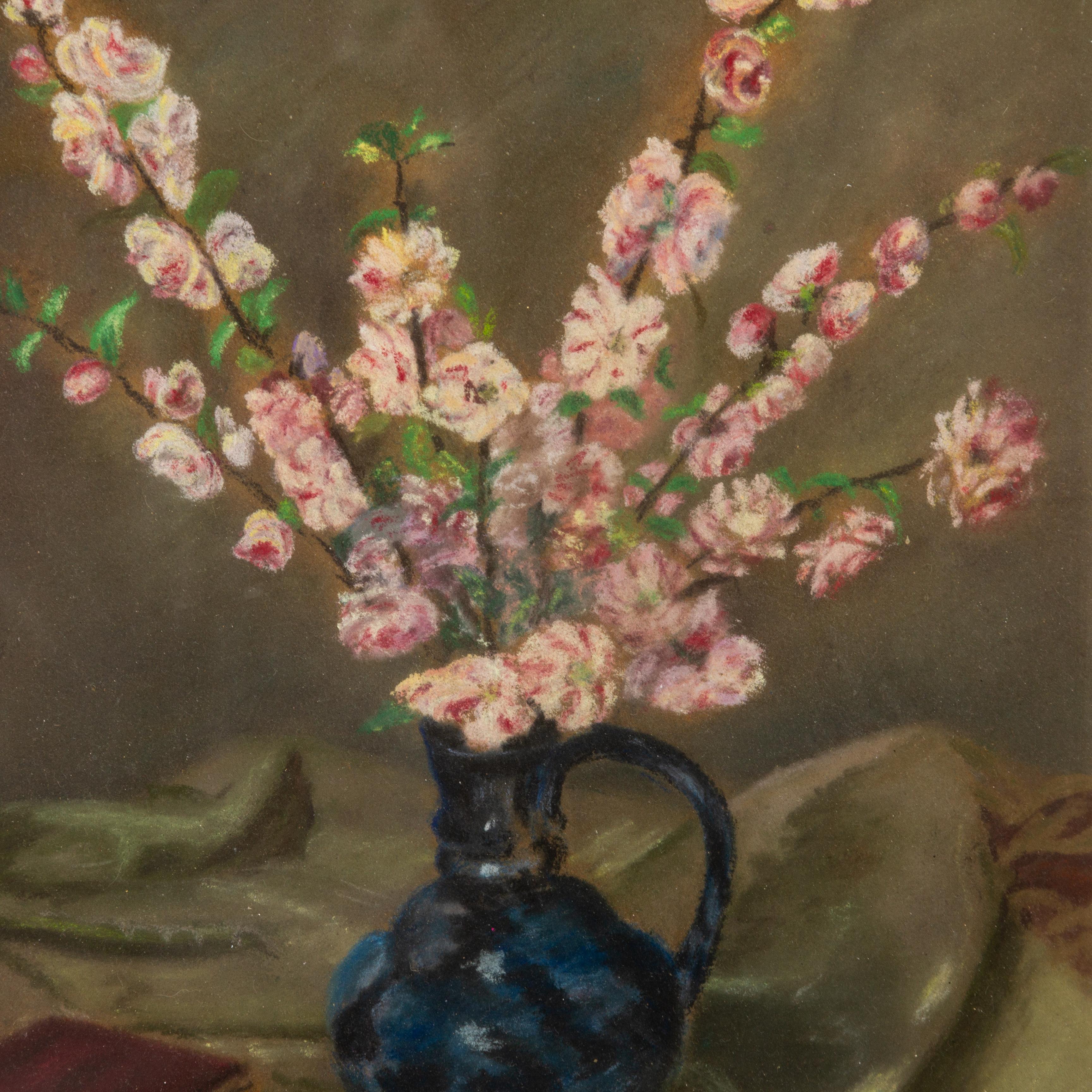 20th Century Belgian Still Life Flowers Pastel Drawing Signed
