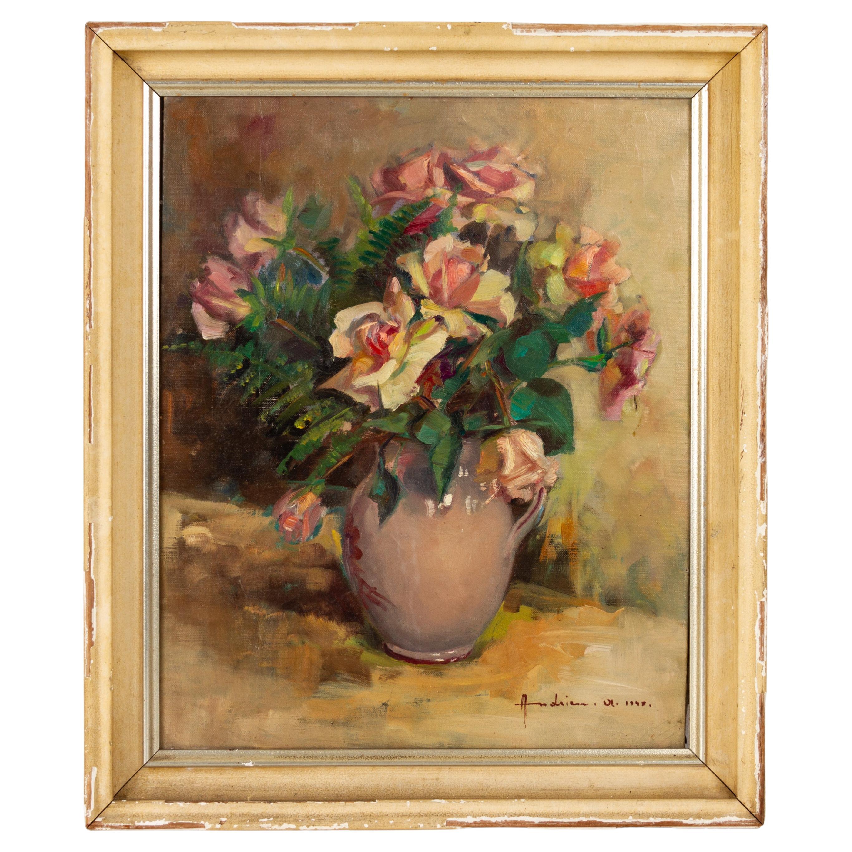 Belgian Still Life Flowers Signed Oil Painting Mid 20th Century