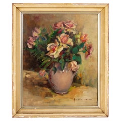 Belgian Still Life Flowers Signed Oil Painting Mid 20th Century