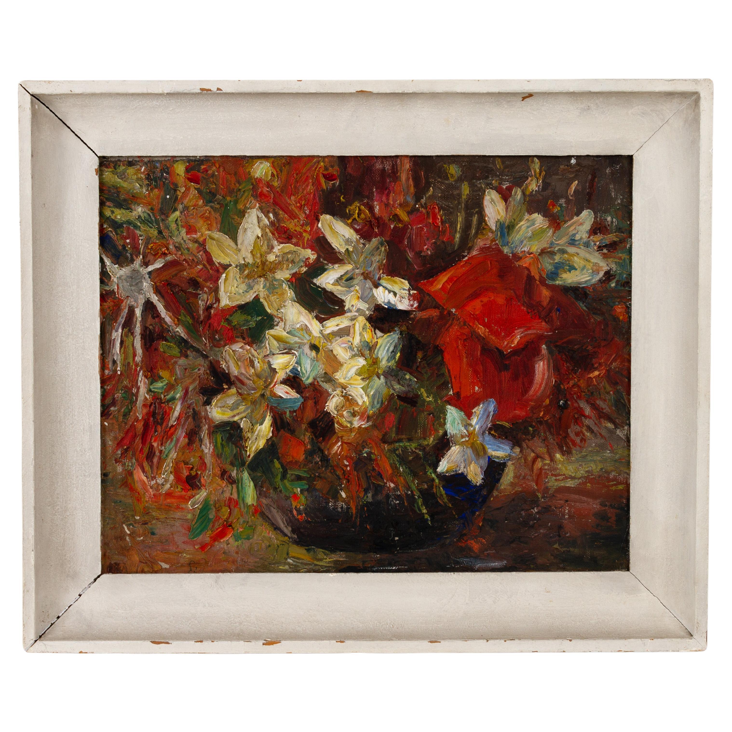 Belgian Still Life Impressionist Flowers Oil Painting 