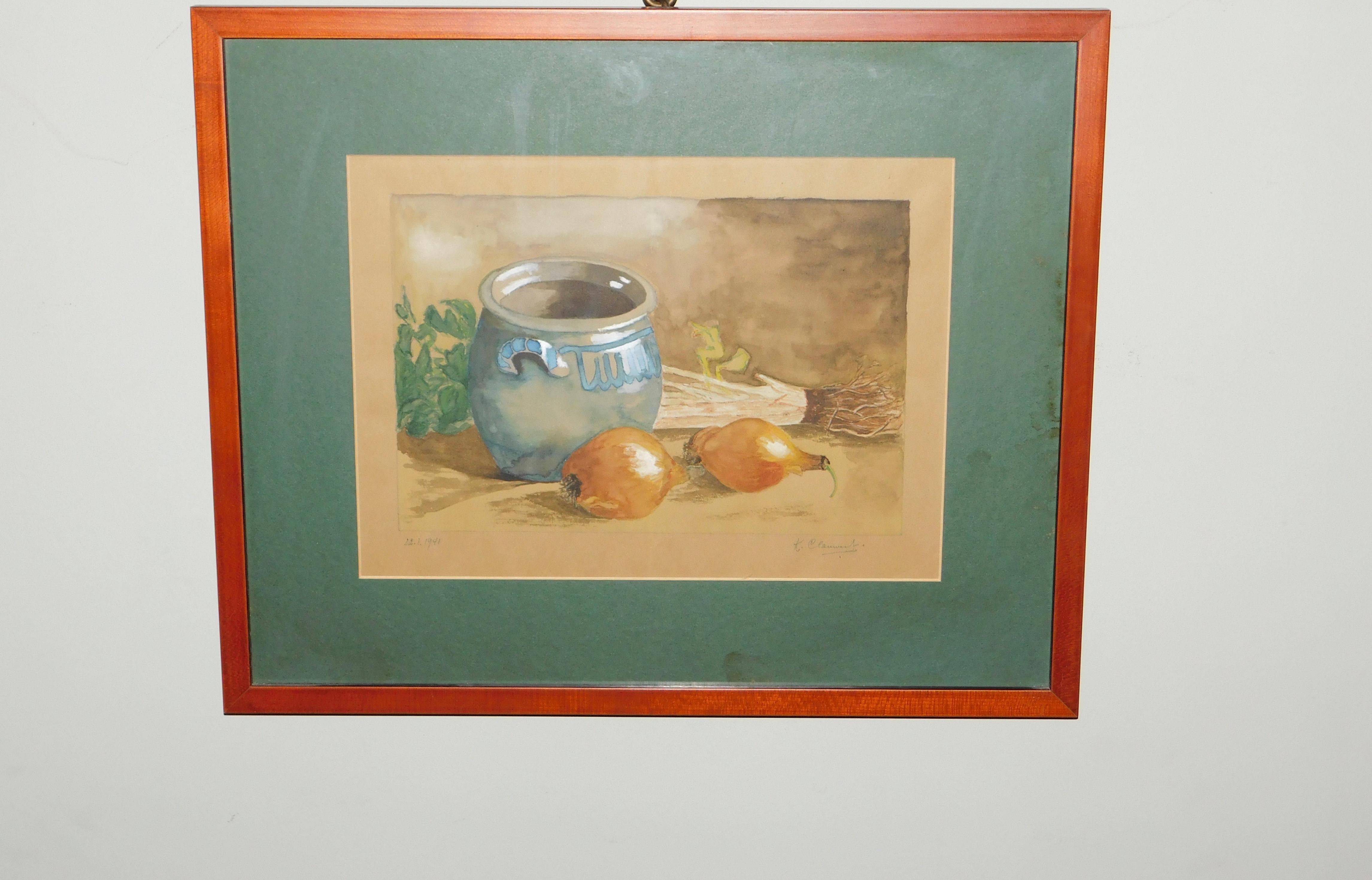 Water color painting on paper of the typical Flemish winter soup vegetables and earthenware storage jar. Signed and dated February 1941. In the original frame under glass.
 