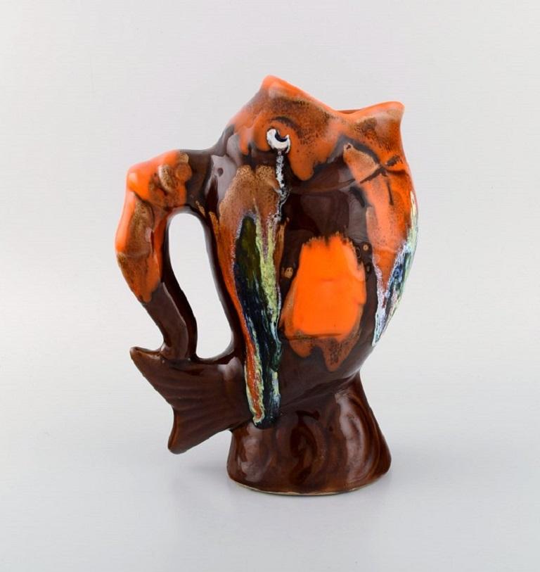 Modern Belgian Studio Ceramicist, Retro Jug in Glazed Ceramics Shaped like a Fish For Sale
