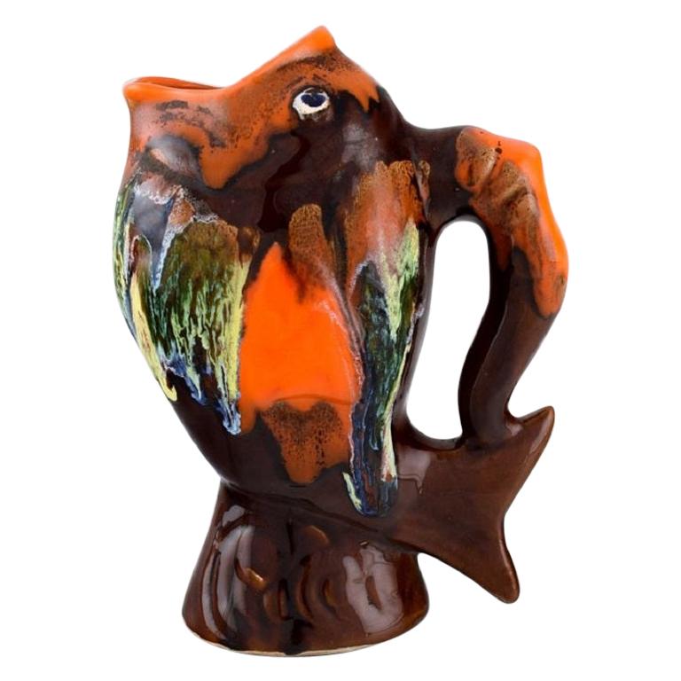Belgian Studio Ceramicist, Retro Jug in Glazed Ceramics Shaped like a Fish For Sale