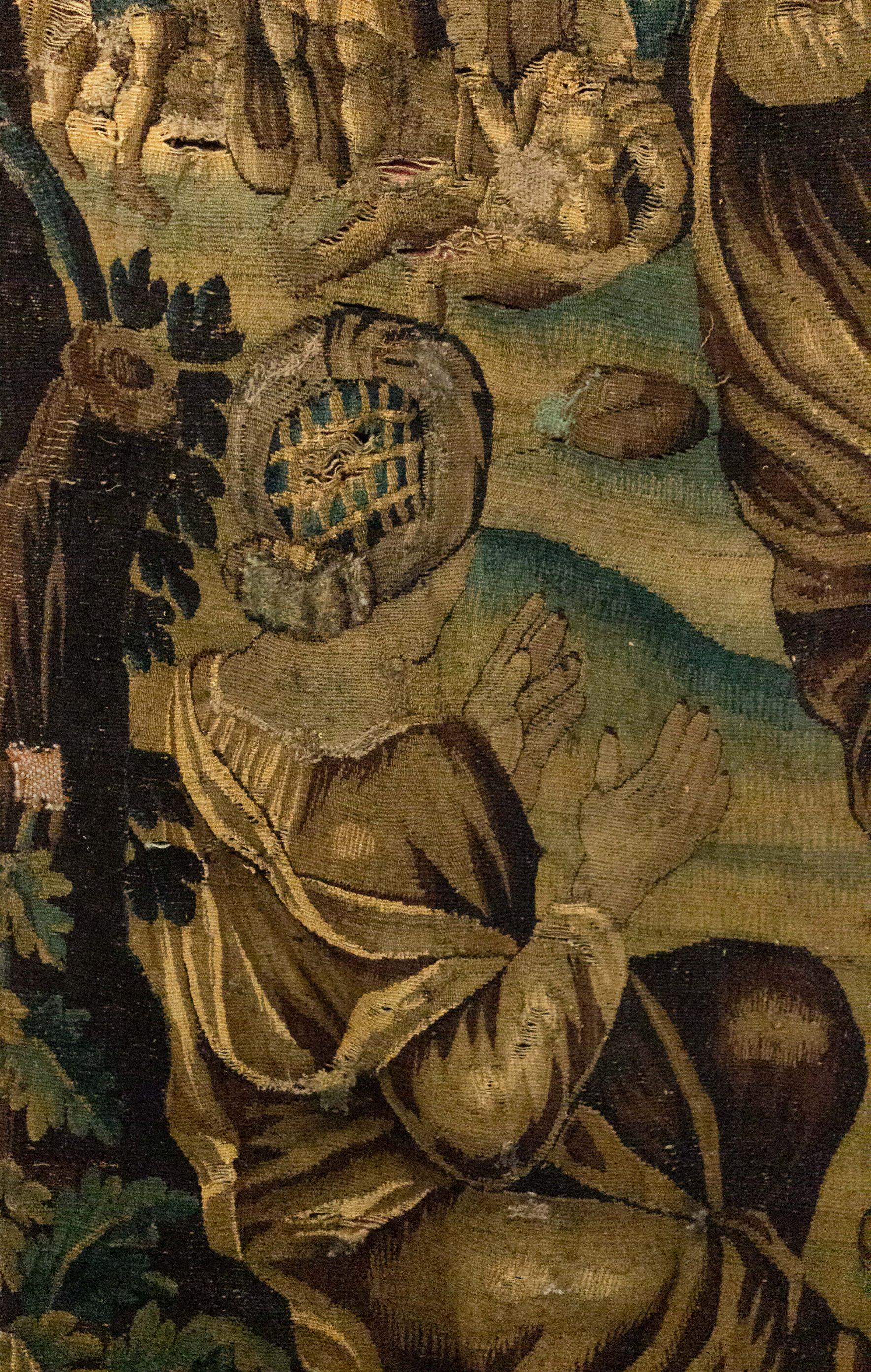 Continental Belgian style (17/18th century) horizontal tapestry with scene of 2 soldiers and women kneeling and paying hommage.