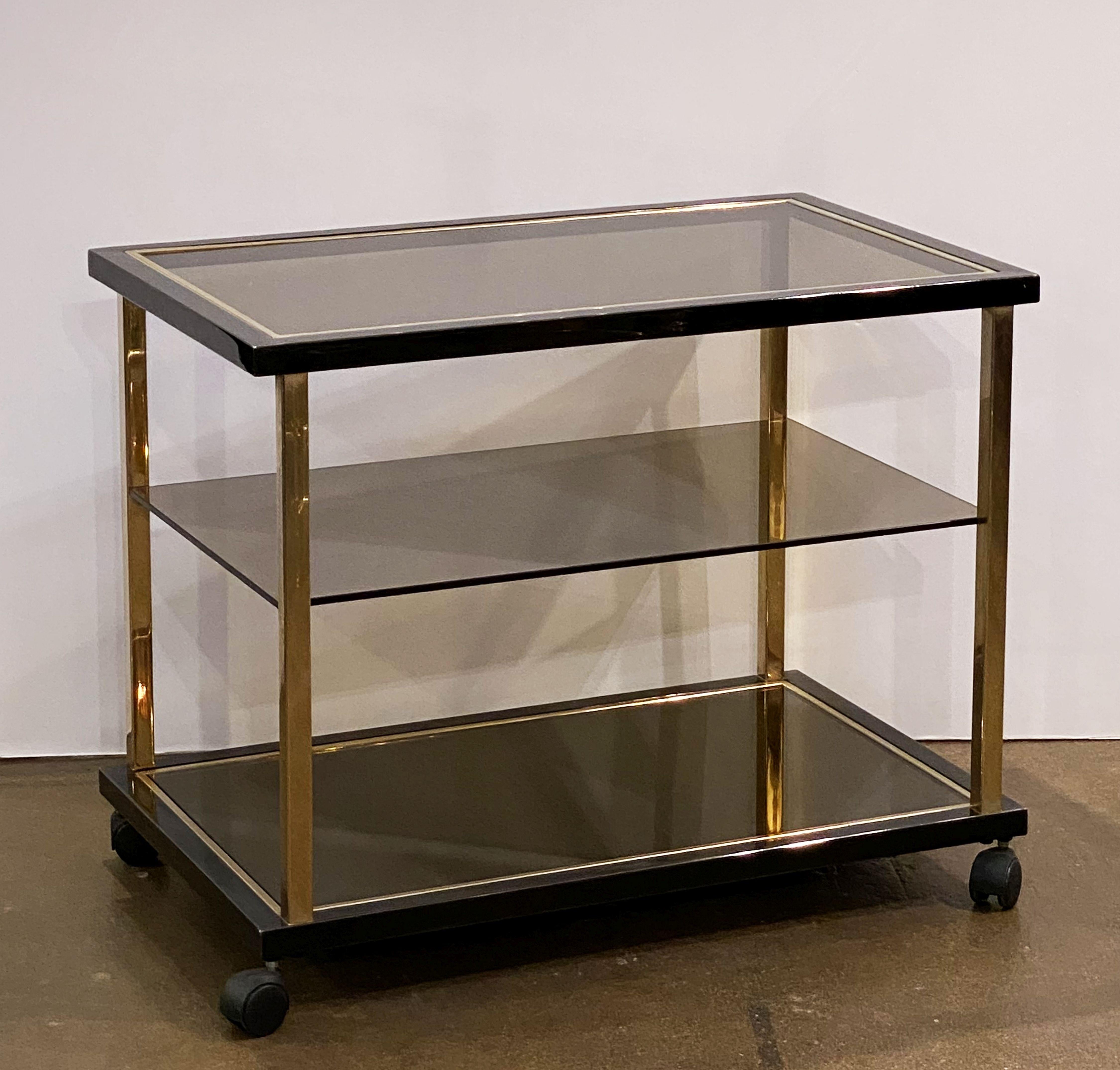 Modern Belgian Three-Tier Drinks Cart of Smoked Glass and Brass by Belgo Chrom For Sale